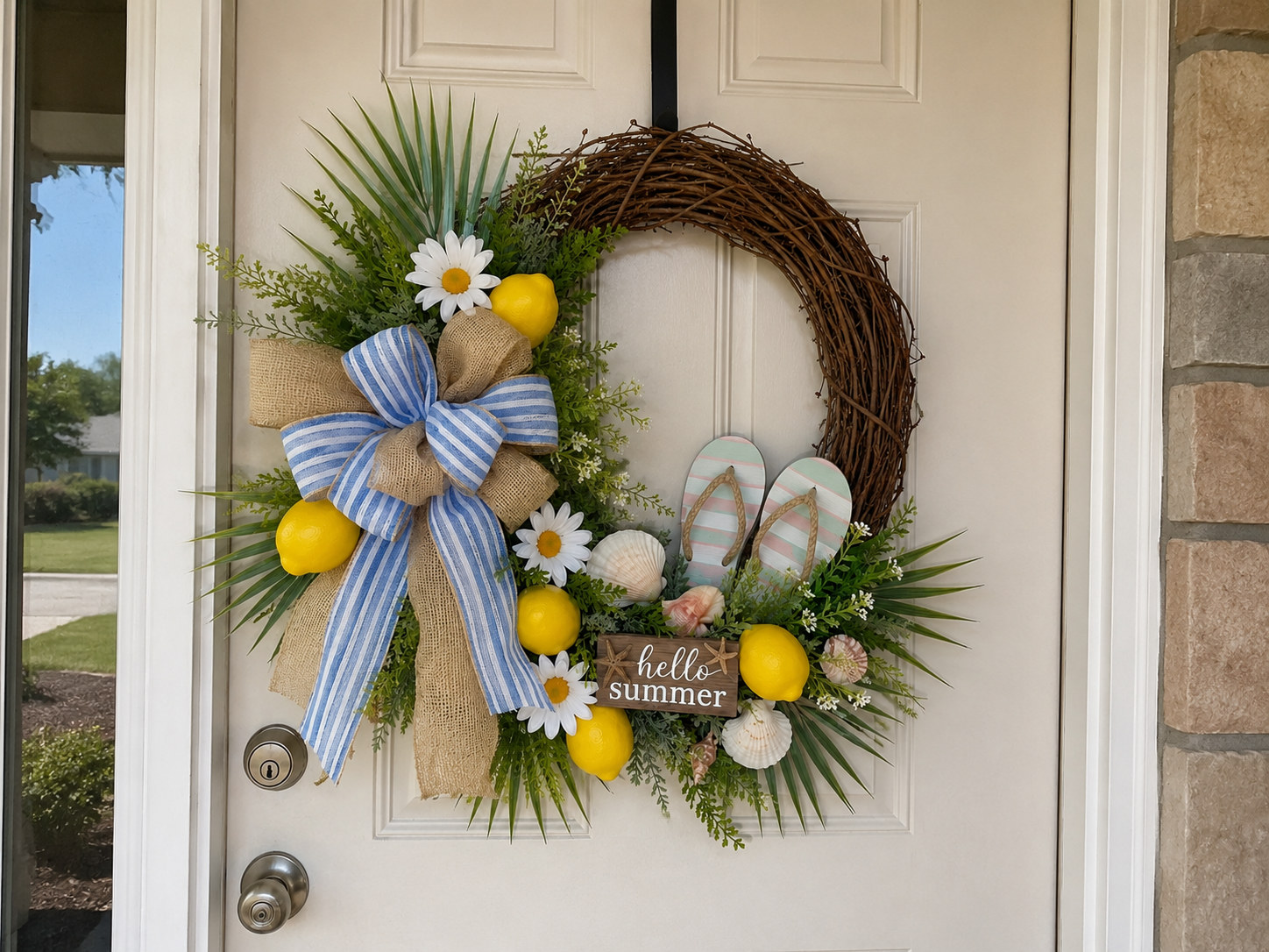 How to display your summer wreath - DIY Dollar Tree Lemon & Flip-Flop Summer Wreath DIY tutorial