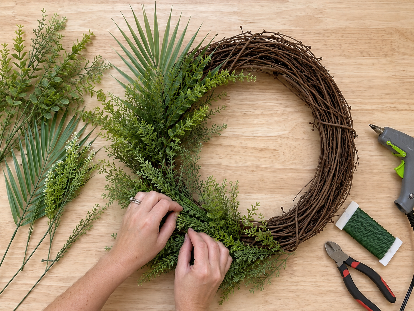 How to anchor greenery & palm leaves (left side) - DIY Dollar Tree Lemon & Flip-Flop Summer Wreath DIY tutorial