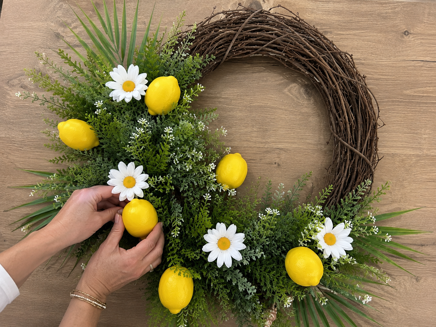 How to add daisies & faux lemons - DIY Dollar Tree Lemon & Flip-Flop Summer Wreath DIY tutorial