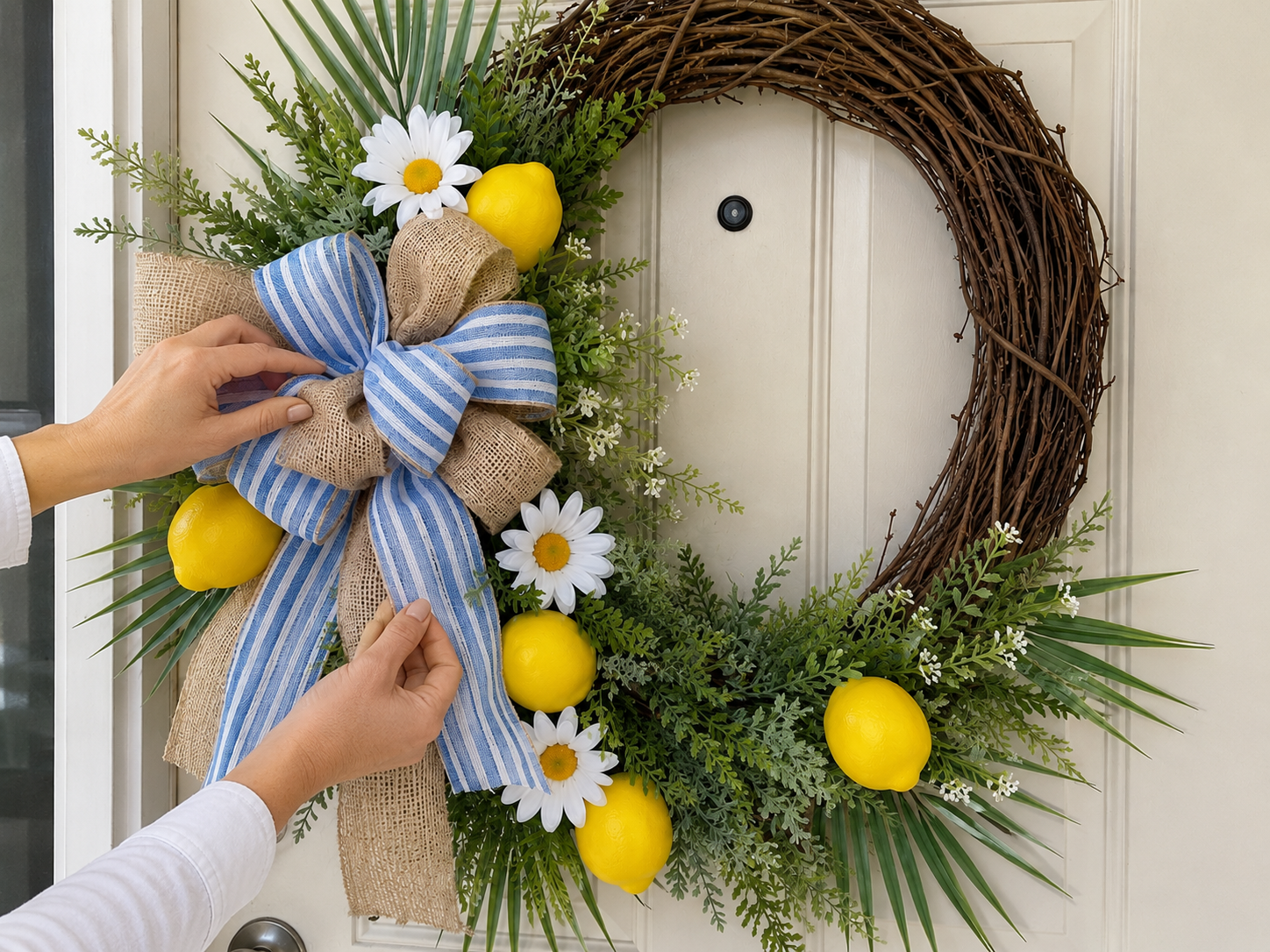 How to attach the focal bow - DIY Dollar Tree Lemon & Flip-Flop Summer Wreath DIY tutorial