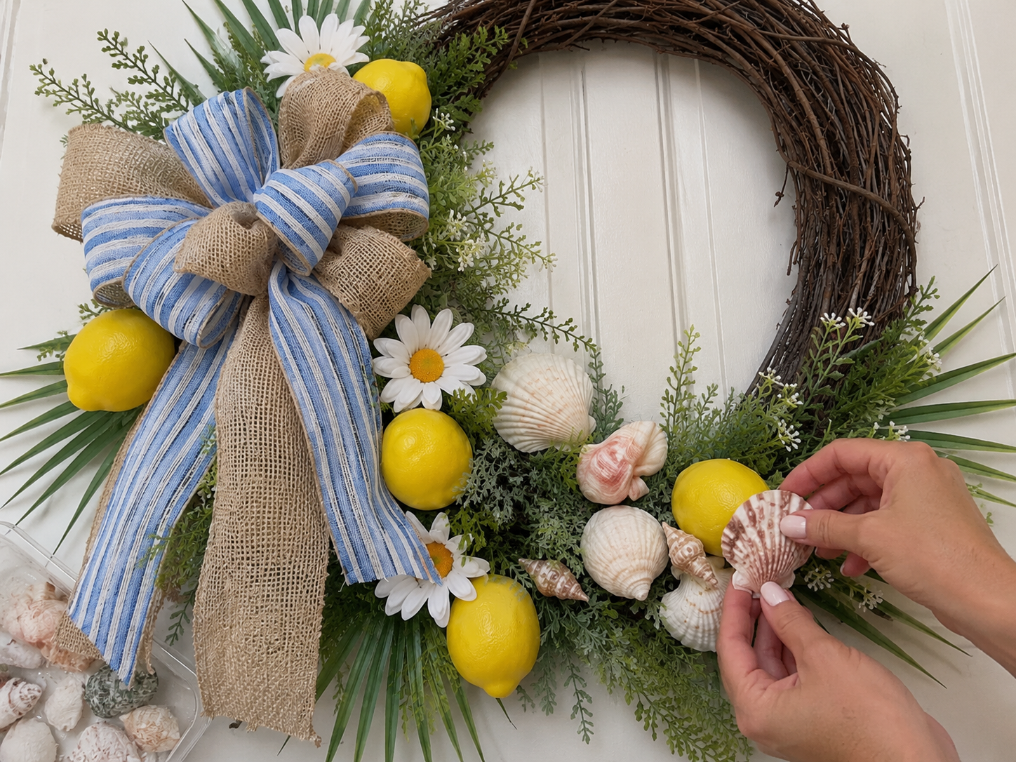 How to arrange seashells & beach accents - DIY Dollar Tree Lemon & Flip-Flop Summer Wreath DIY tutorial