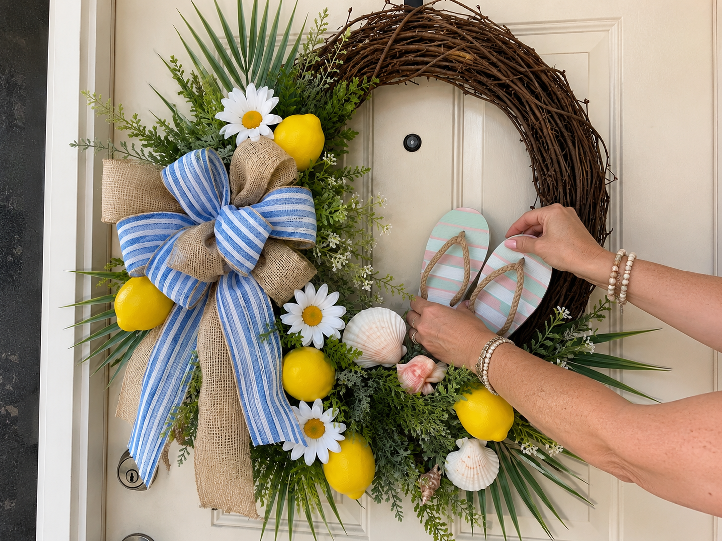 How to secure mini flip-flops - DIY Dollar Tree Lemon & Flip-Flop Summer Wreath DIY tutorial
