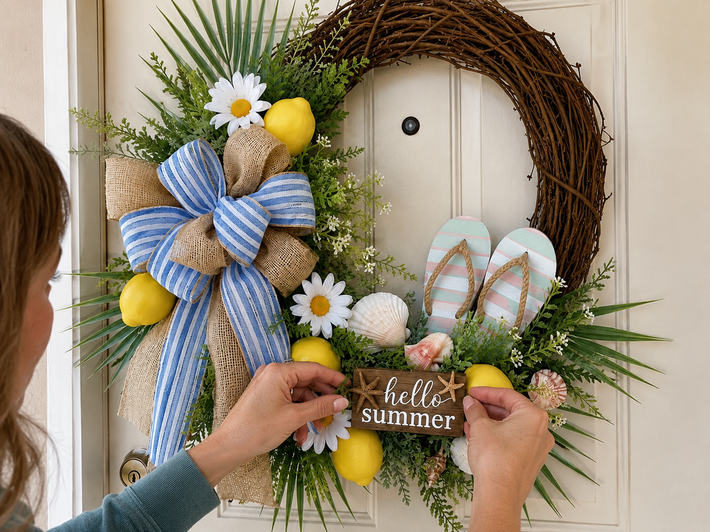 How to attach 'hello summer' sign - DIY Dollar Tree Lemon & Flip-Flop Summer Wreath DIY tutorial