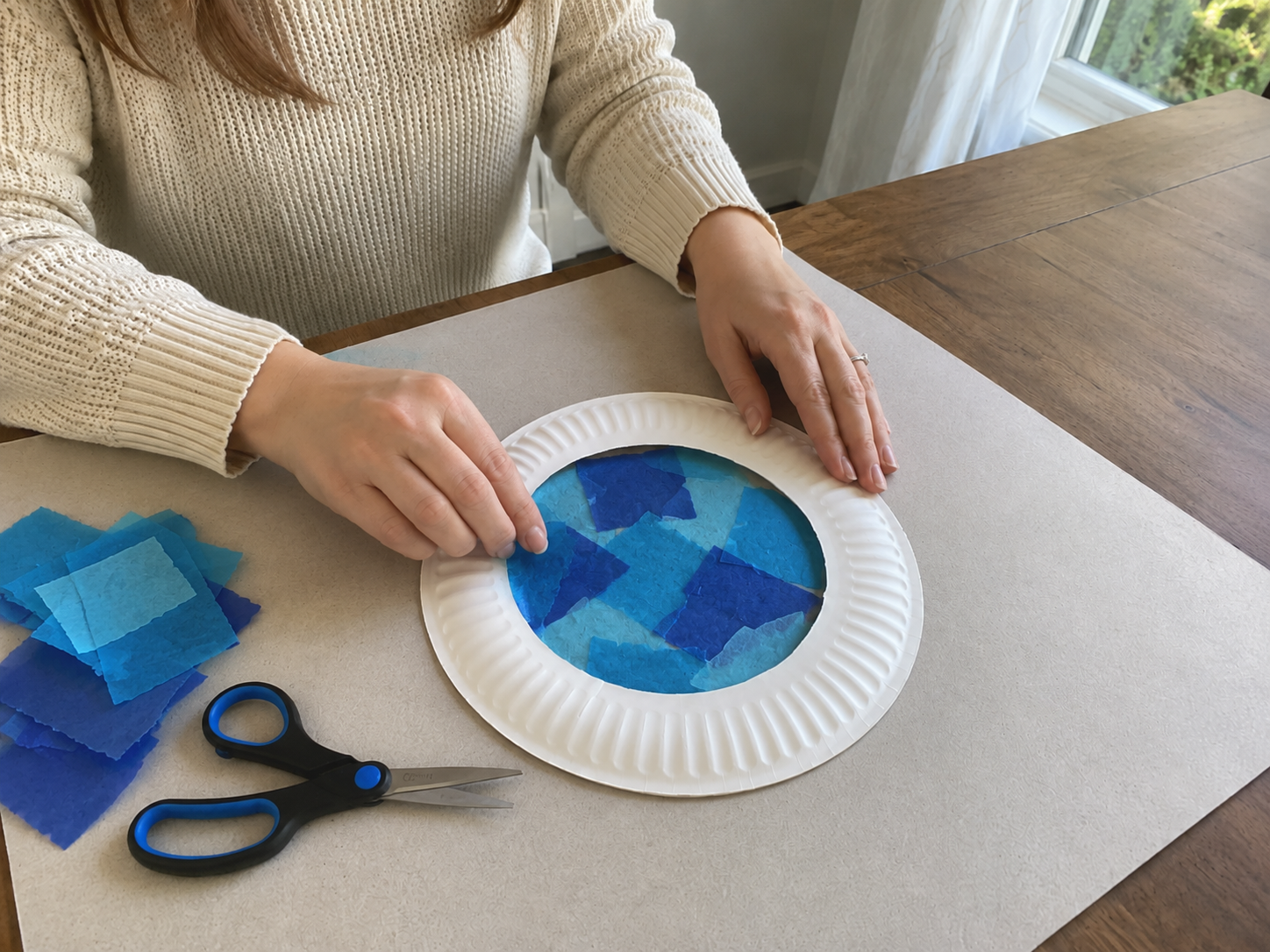How to layer blue translucent water - DIY Paper Plate Ocean Window Suncatcher DIY tutorial