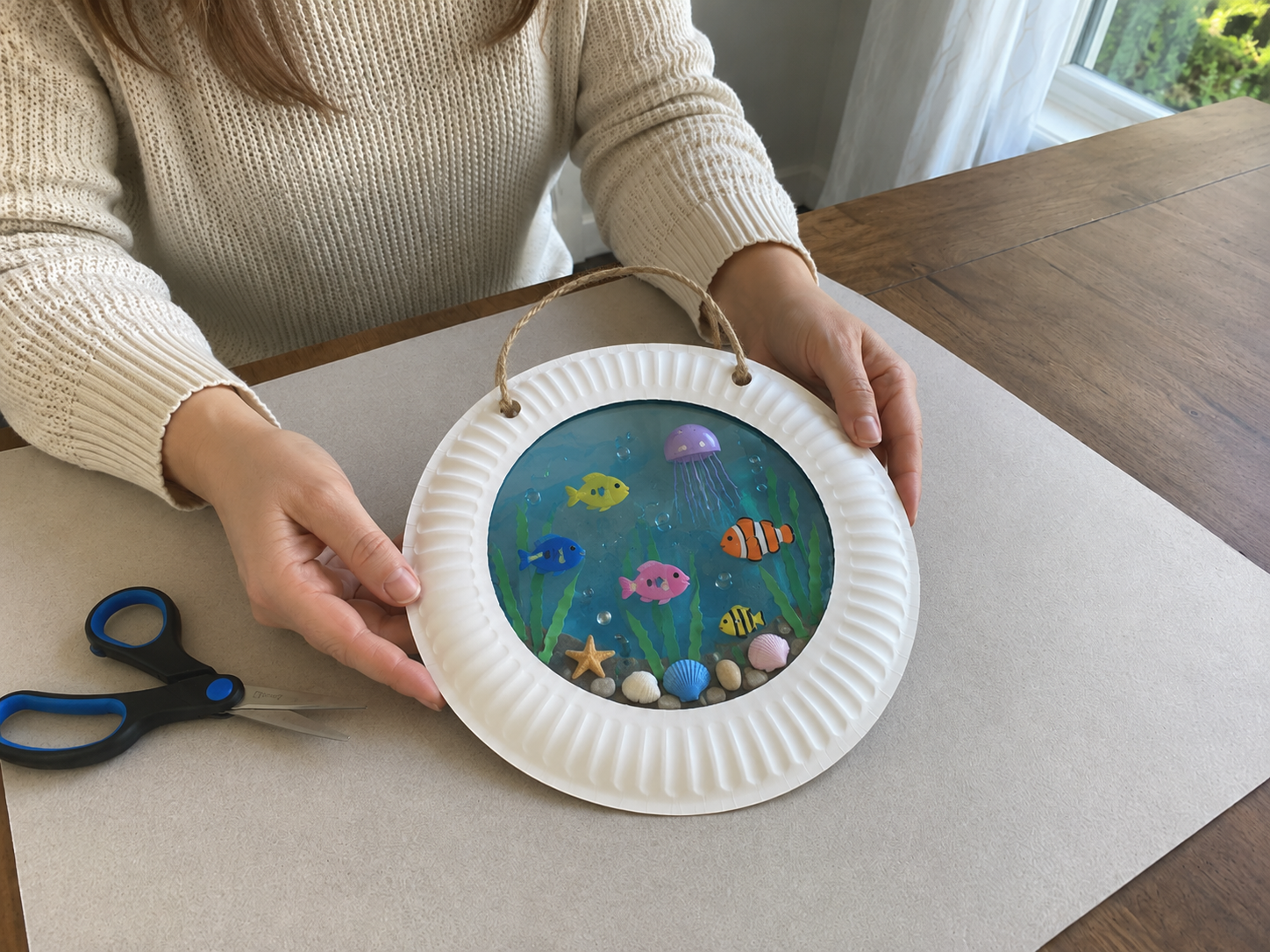 How to punch holes & hang - DIY Paper Plate Ocean Window Suncatcher DIY tutorial