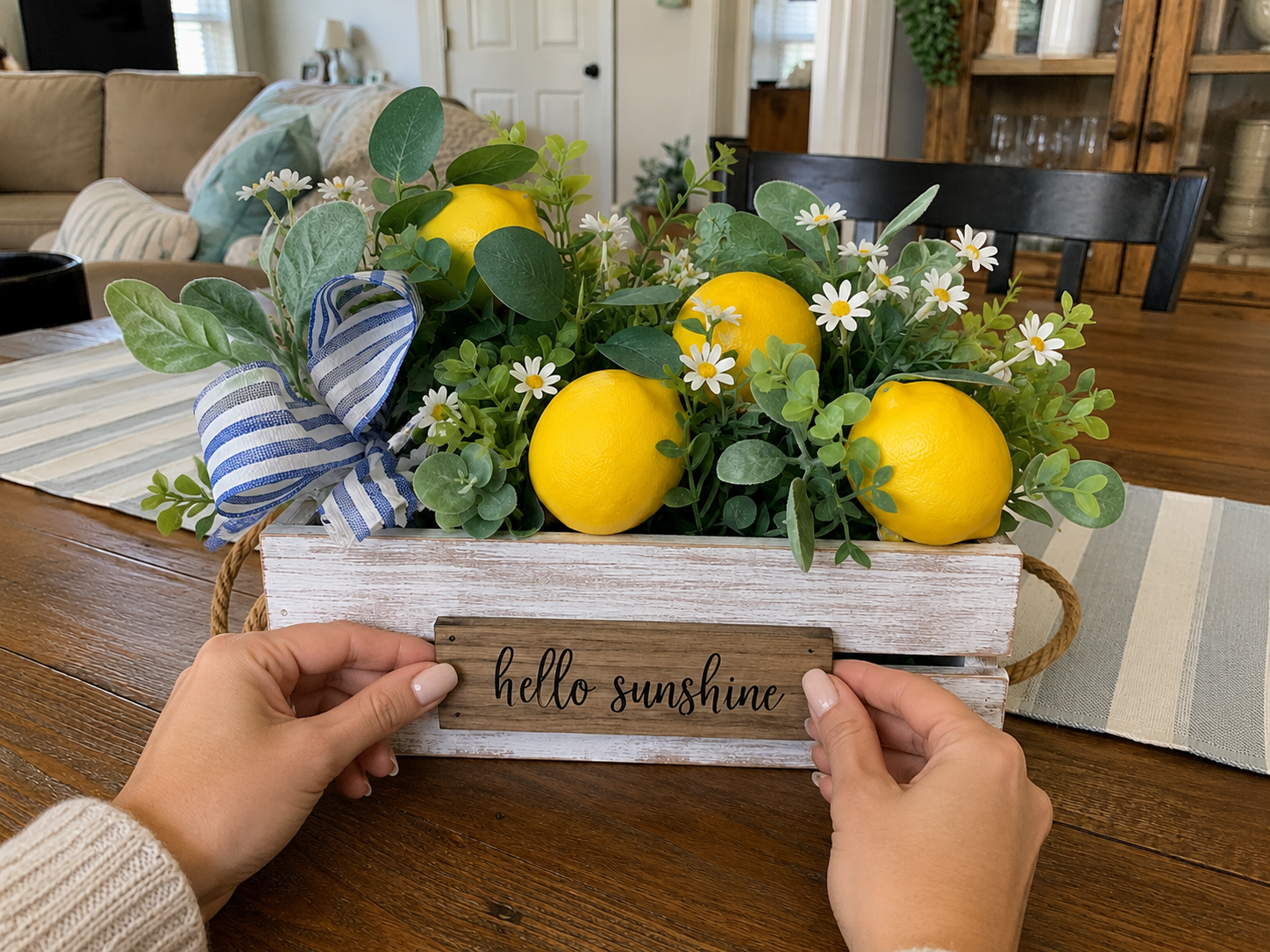 How to mount 'hello sunshine' sign - DIY Rustic Lemon & Daisy Summer Centerpiece Crate DIY tutorial