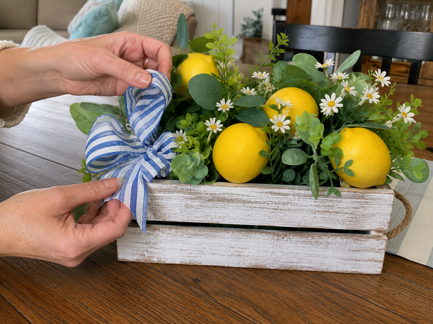How to create & attach striped bow - DIY Rustic Lemon & Daisy Summer Centerpiece Crate DIY tutorial
