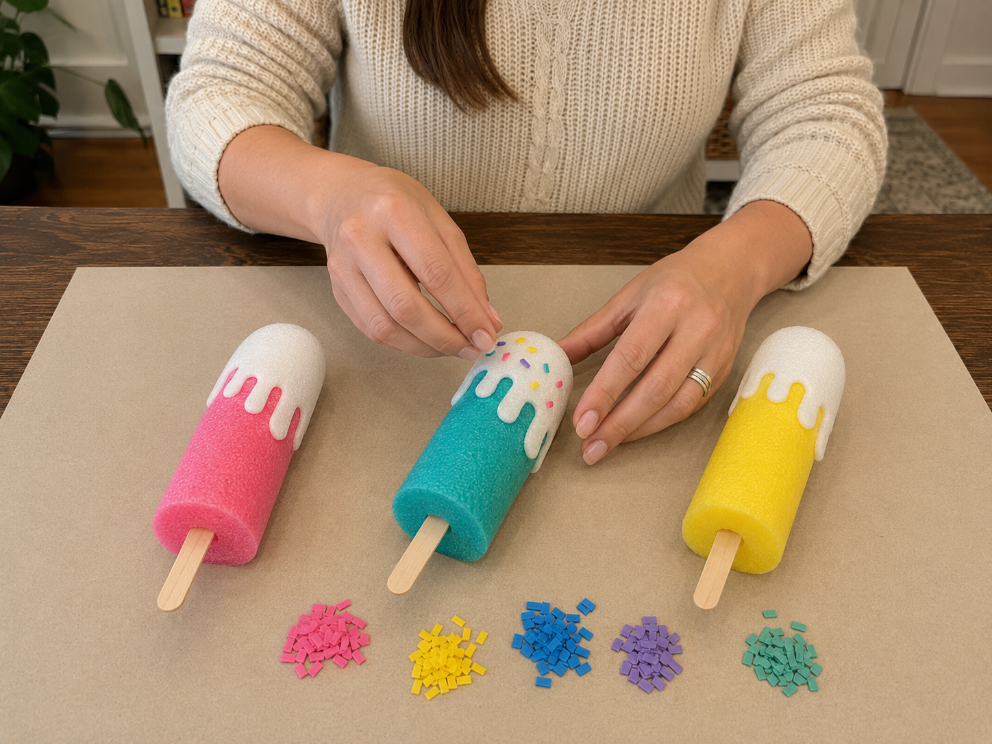 How to add colorful sprinkles - DIY Summer Popsicle Wall Hanging: A Pool Noodle Craft! DIY tutorial