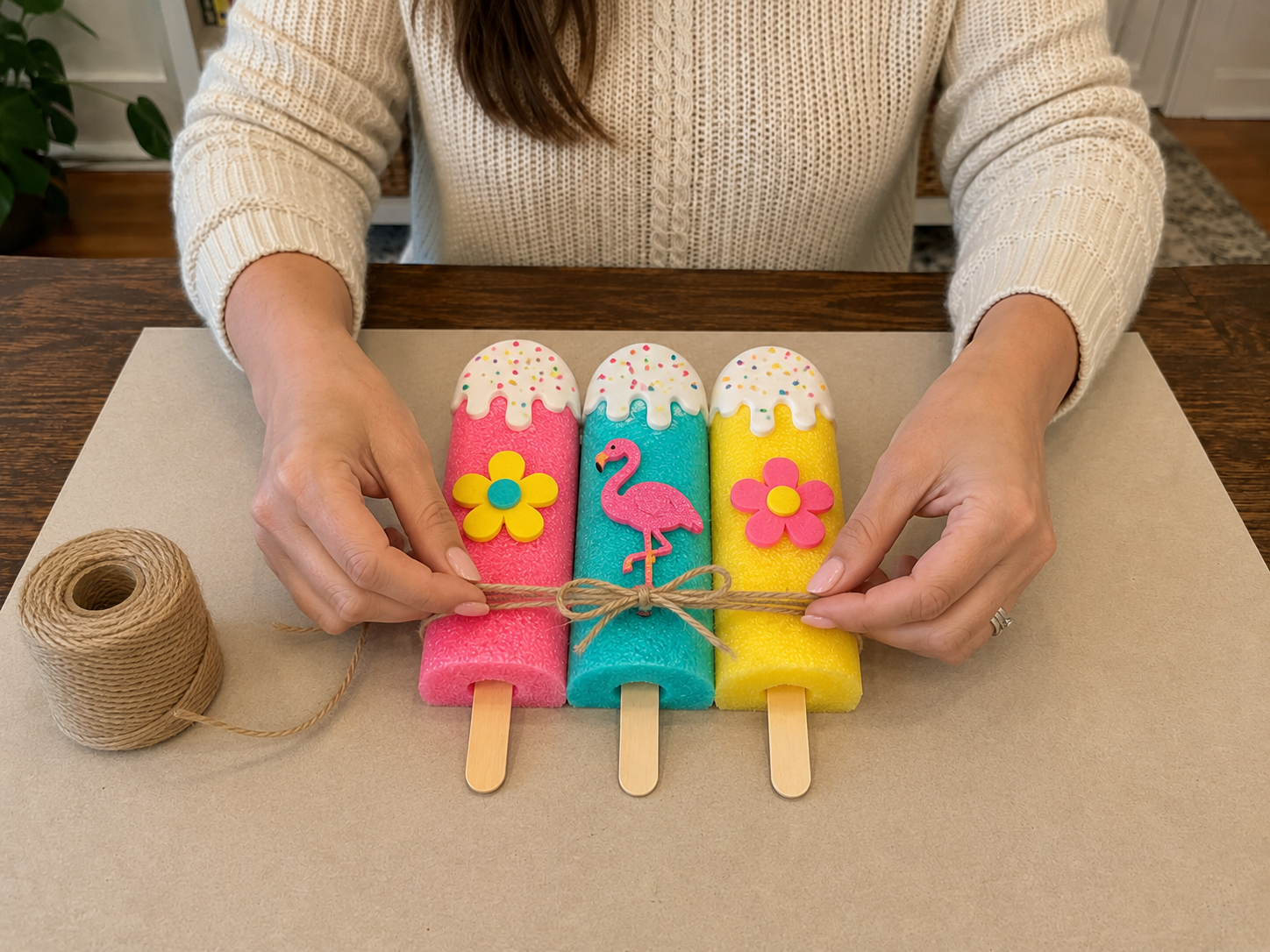 How to wrap with jute twine - DIY Summer Popsicle Wall Hanging: A Pool Noodle Craft! DIY tutorial