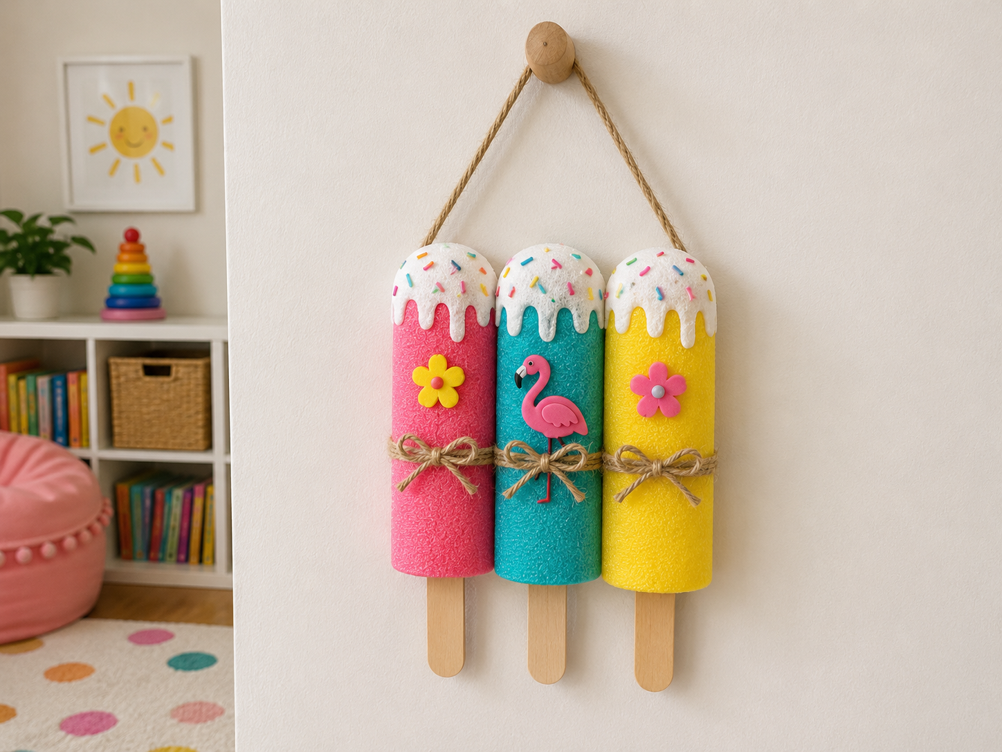 How to display your decor - DIY Summer Popsicle Wall Hanging: A Pool Noodle Craft! DIY tutorial