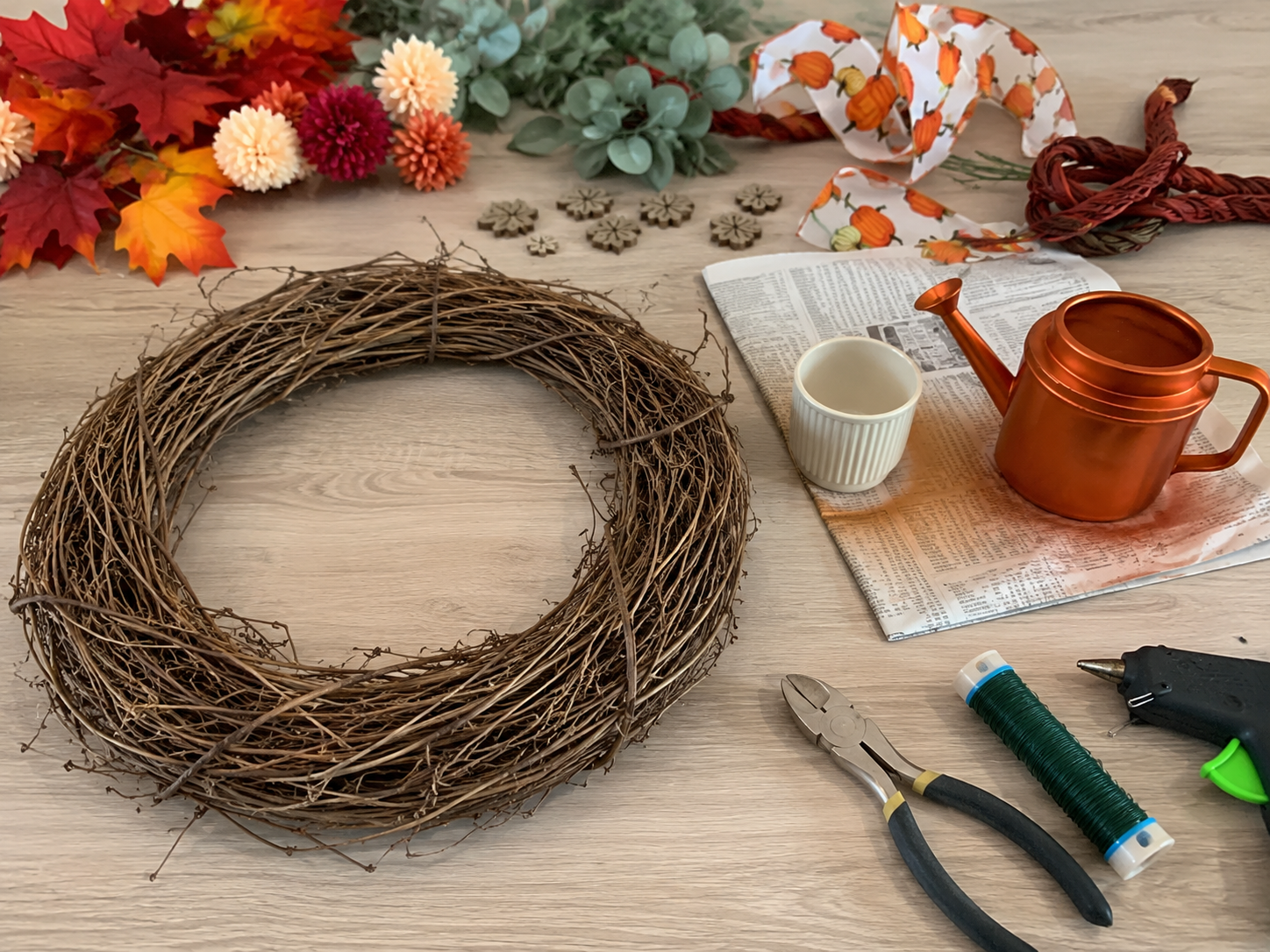 How to prepare wreath base & props - Harvest Haven Wreath: A Dollar Tree-Style Fall Statement DIY tutorial