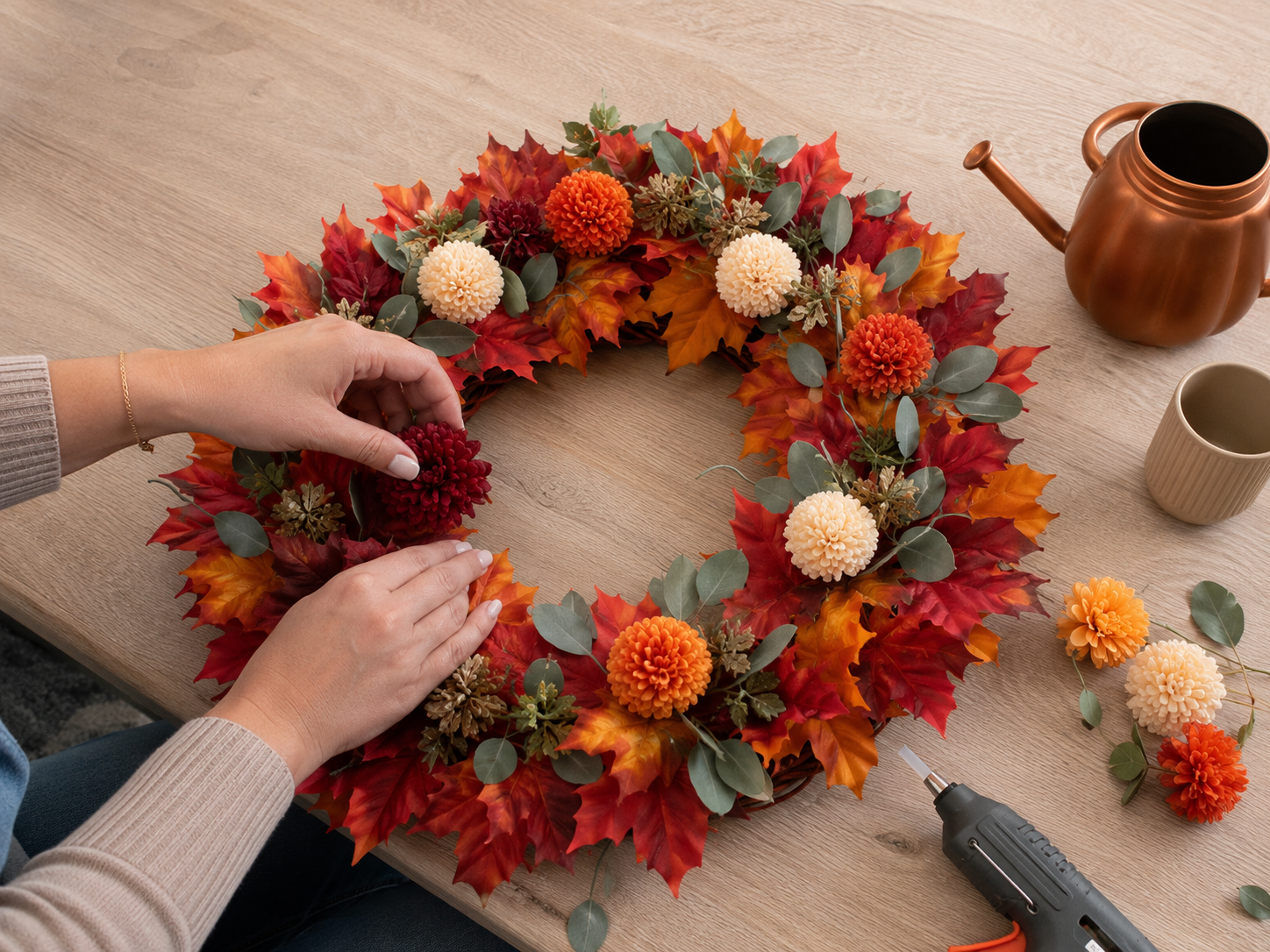 How to incorporate fall mums & flowers - Harvest Haven Wreath: A Dollar Tree-Style Fall Statement DIY tutorial