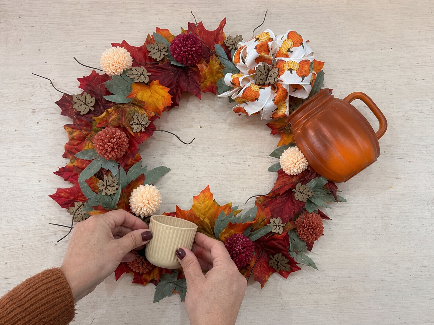 How to secure cream flower pot - Harvest Haven Wreath: A Dollar Tree-Style Fall Statement DIY tutorial