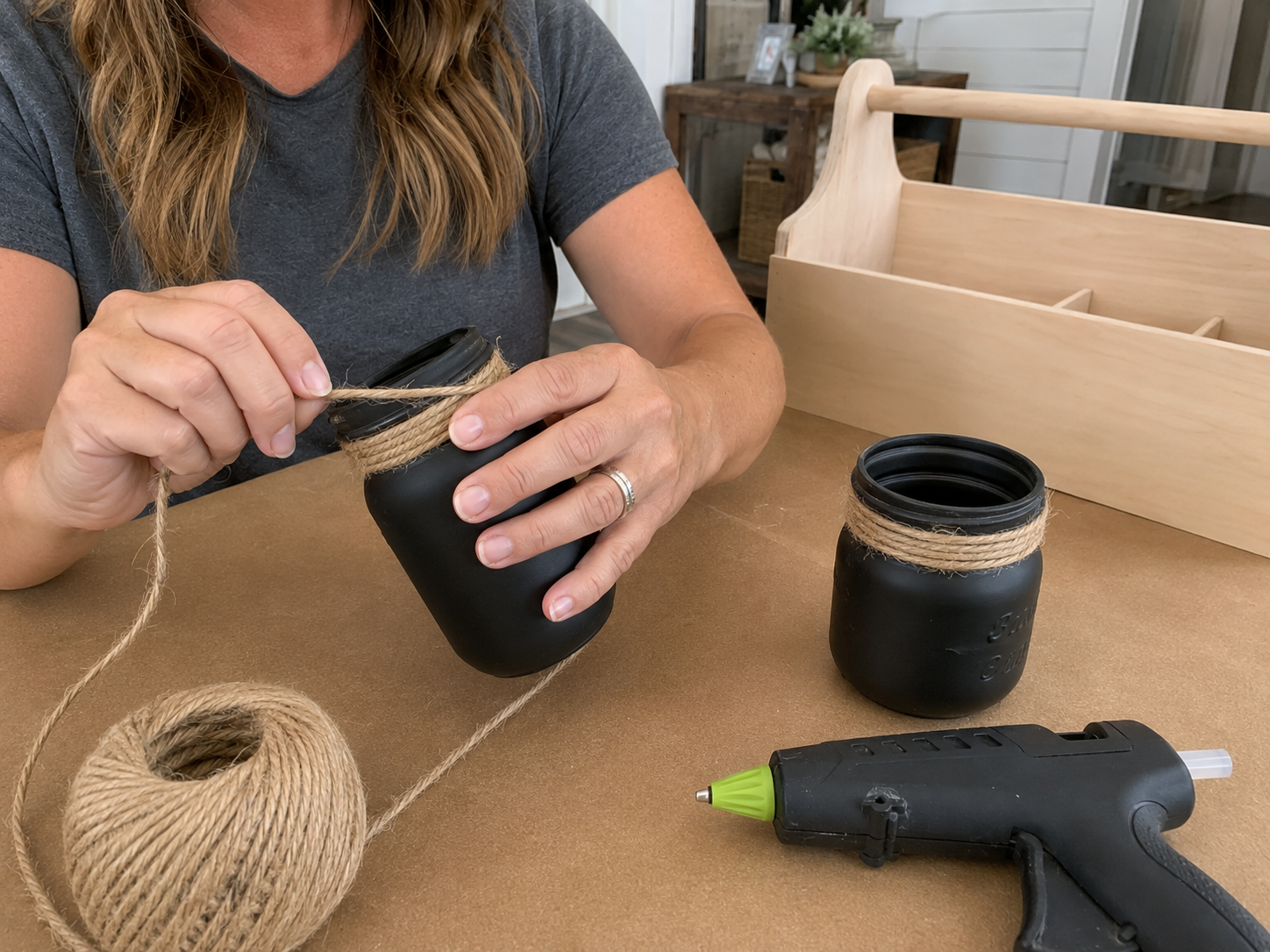 How to prepare & adorn mason jars - Rustic Farmhouse Back-to-School Homework Caddy DIY tutorial