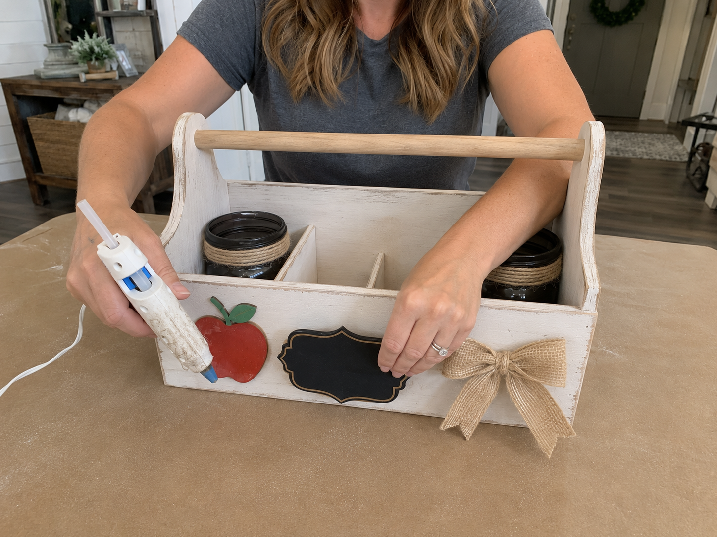 How to attach jars & embellishments - Rustic Farmhouse Back-to-School Homework Caddy DIY tutorial