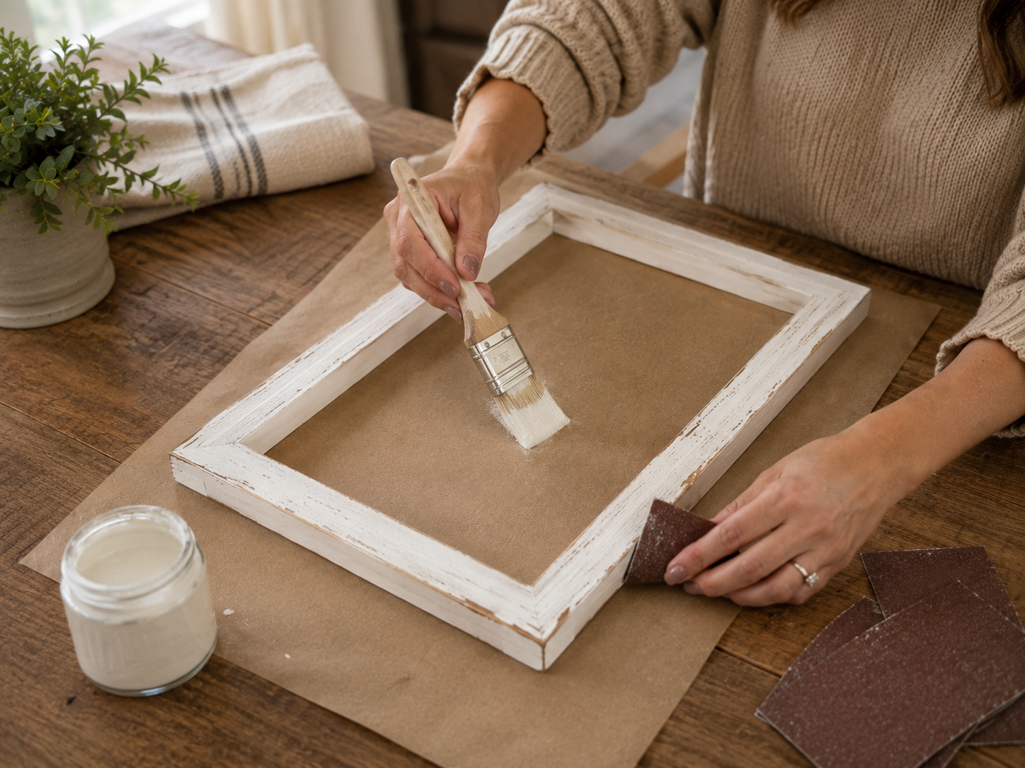 How to paint & distress - Rustic Farmhouse Faux Window Frame Wall Decor DIY tutorial