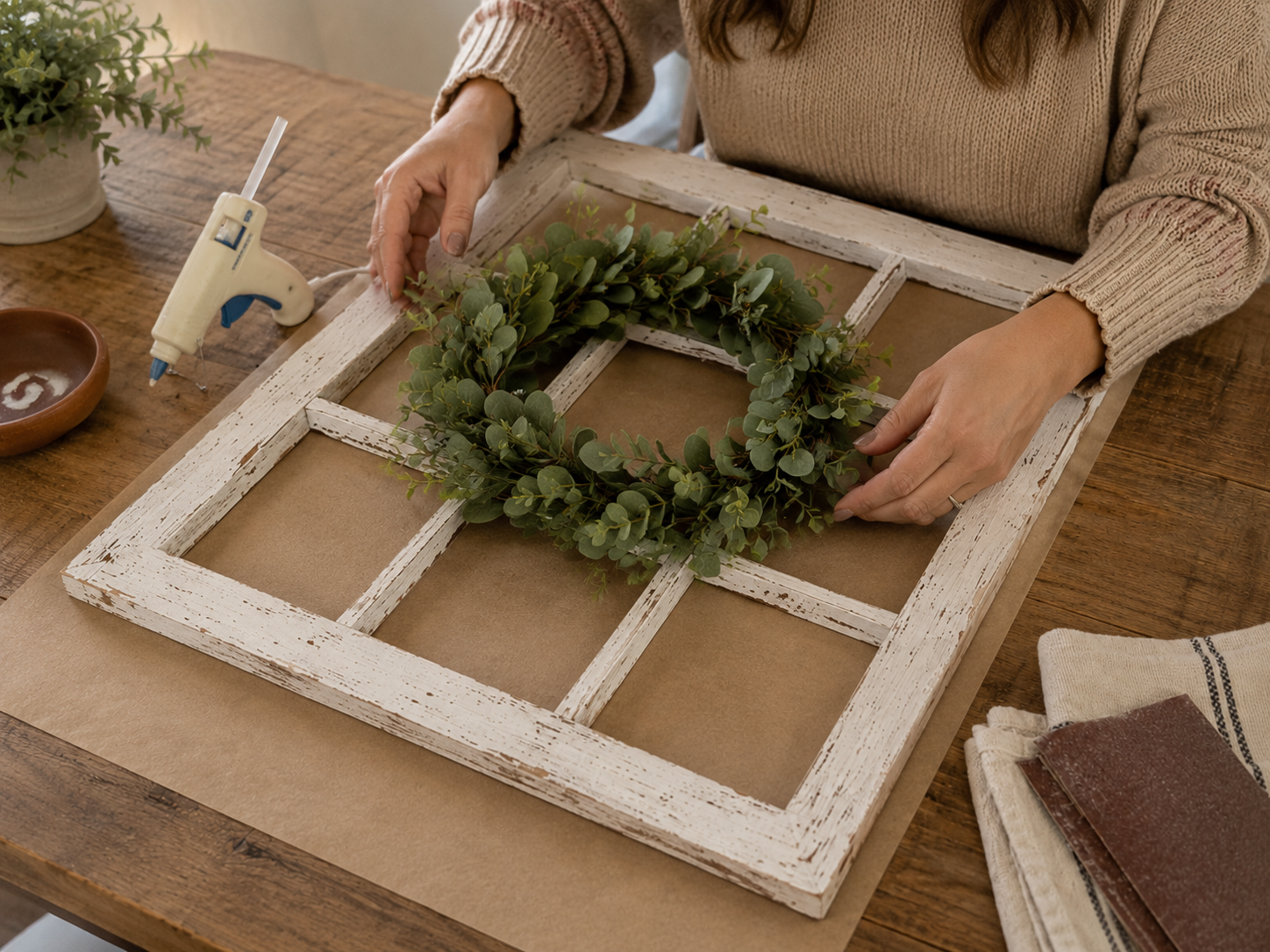 How to attach the wreath - Rustic Farmhouse Faux Window Frame Wall Decor DIY tutorial