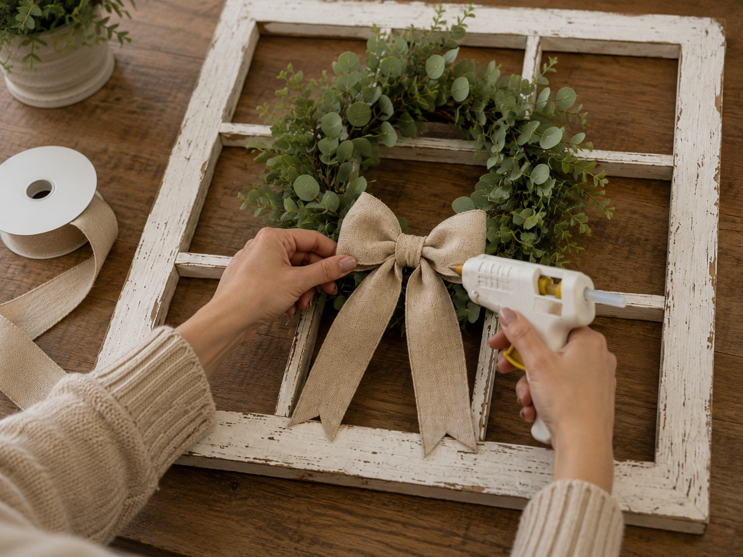 How to tie the rustic bow - Rustic Farmhouse Faux Window Frame Wall Decor DIY tutorial
