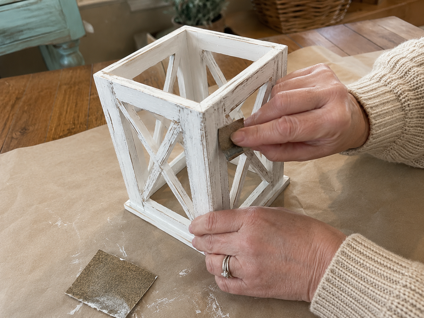 How to distress painted lantern body - Rustic Farmhouse Lantern Centerpiece DIY tutorial