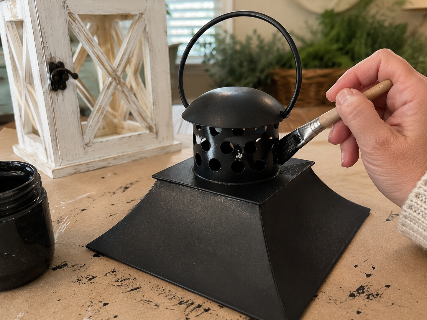 How to paint lantern top & handle - Rustic Farmhouse Lantern Centerpiece DIY tutorial