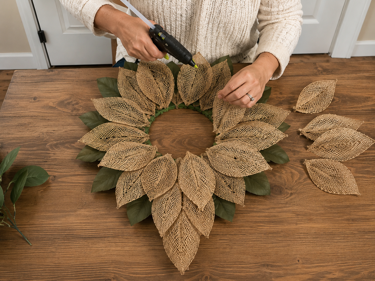 How to add outer burlap petals - Rustic Layered Flower Door Hanger: Farmhouse Charm on a Budget! DIY tutorial