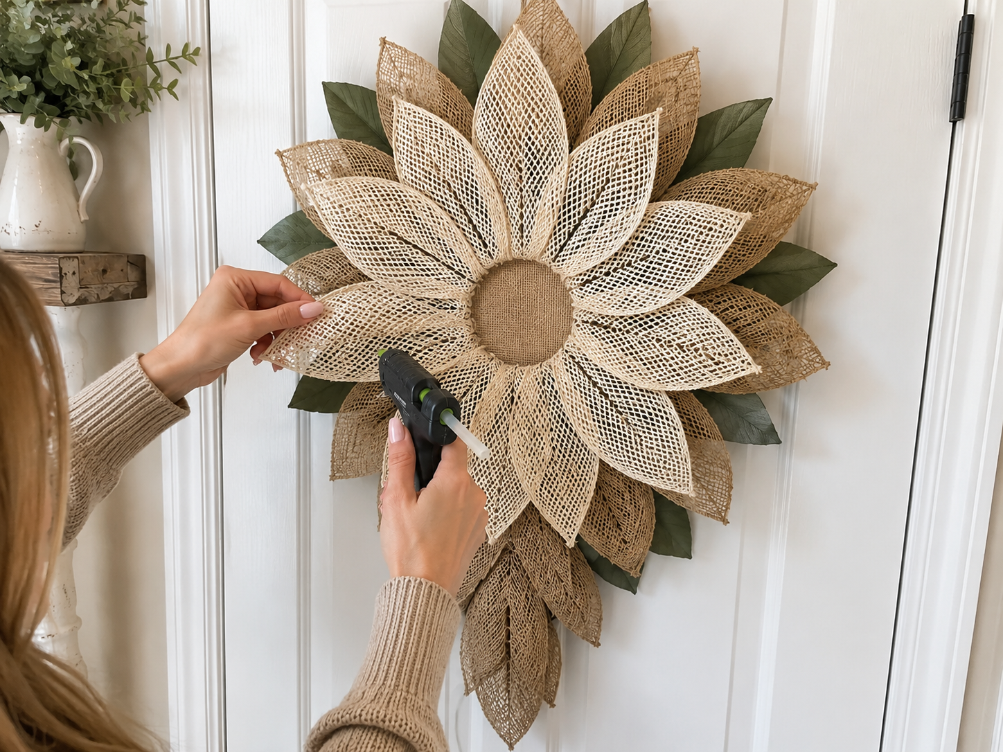 How to layer main open-weave petals - Rustic Layered Flower Door Hanger: Farmhouse Charm on a Budget! DIY tutorial