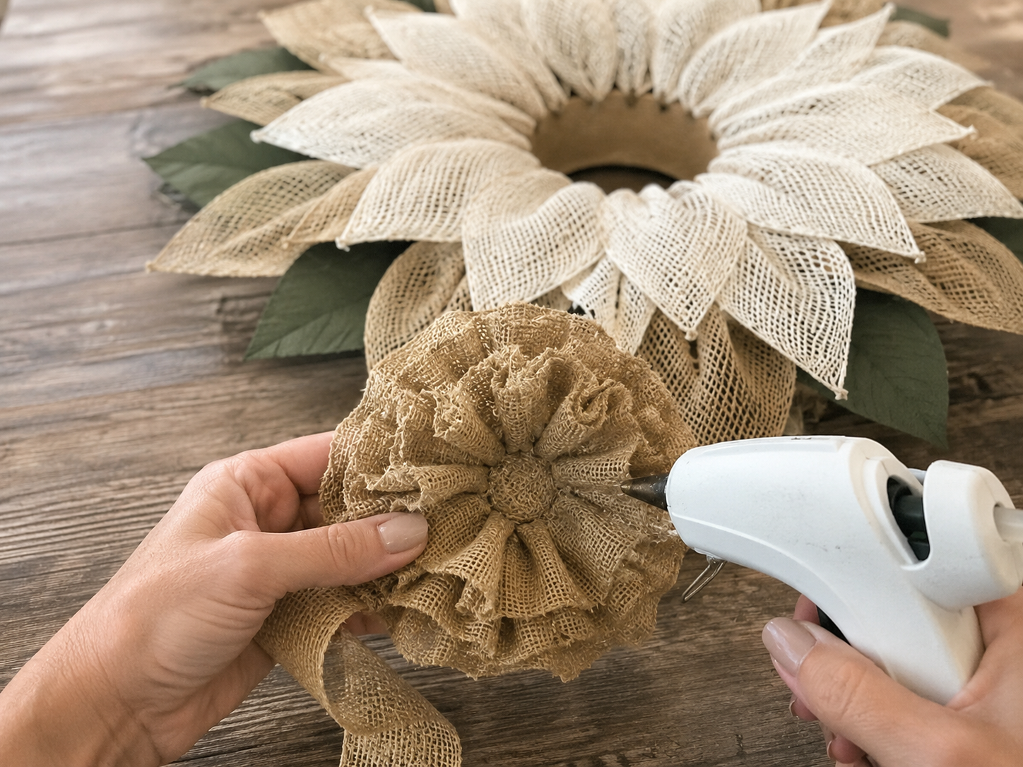 How to craft the burlap center - Rustic Layered Flower Door Hanger: Farmhouse Charm on a Budget! DIY tutorial