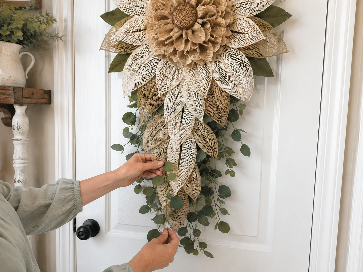How to secure trailing eucalyptus - Rustic Layered Flower Door Hanger: Farmhouse Charm on a Budget! DIY tutorial