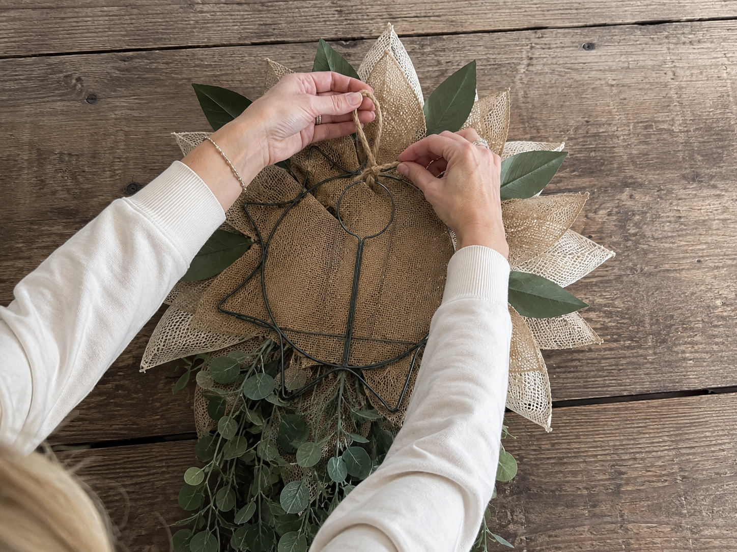 How to create hanging loop - Rustic Layered Flower Door Hanger: Farmhouse Charm on a Budget! DIY tutorial