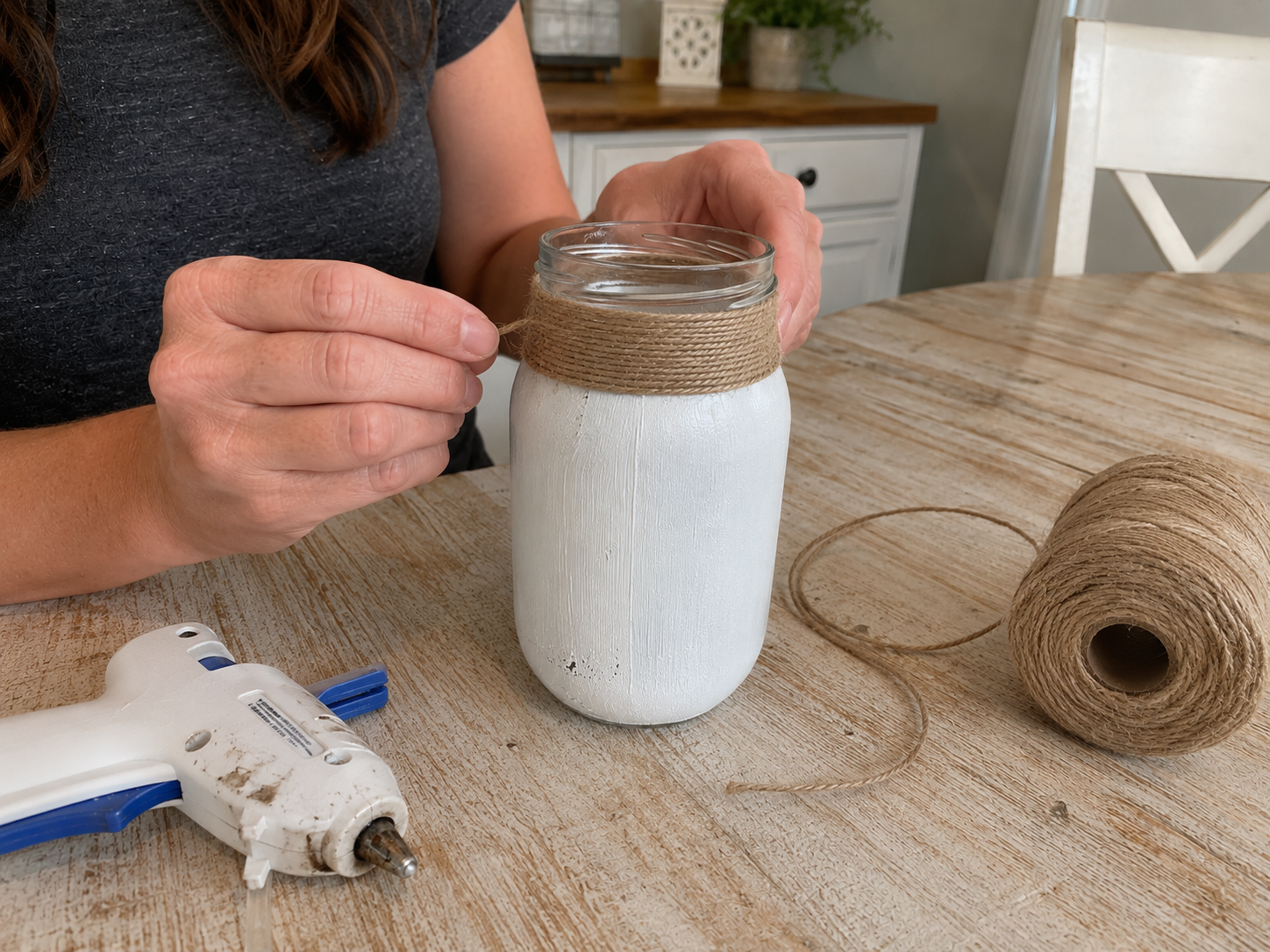 How to wrap jute twine collar - Rustic Summer Lemon Daisy Jar Centerpiece DIY tutorial