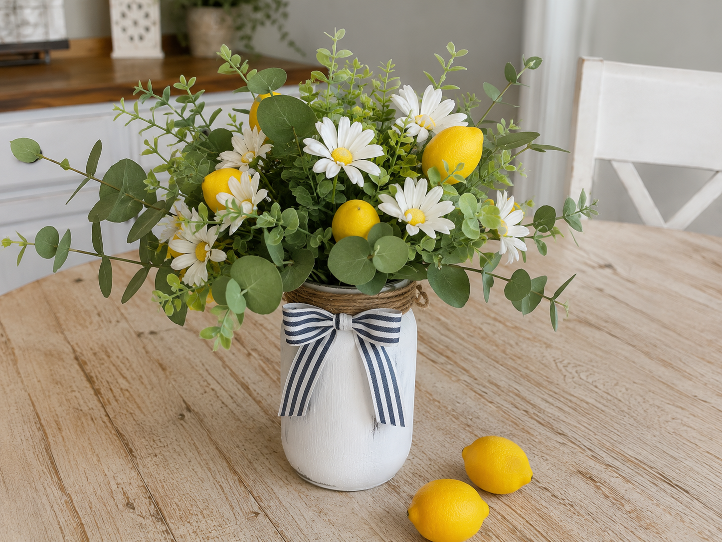 How to tuck in the bright lemons - Rustic Summer Lemon Daisy Jar Centerpiece DIY tutorial
