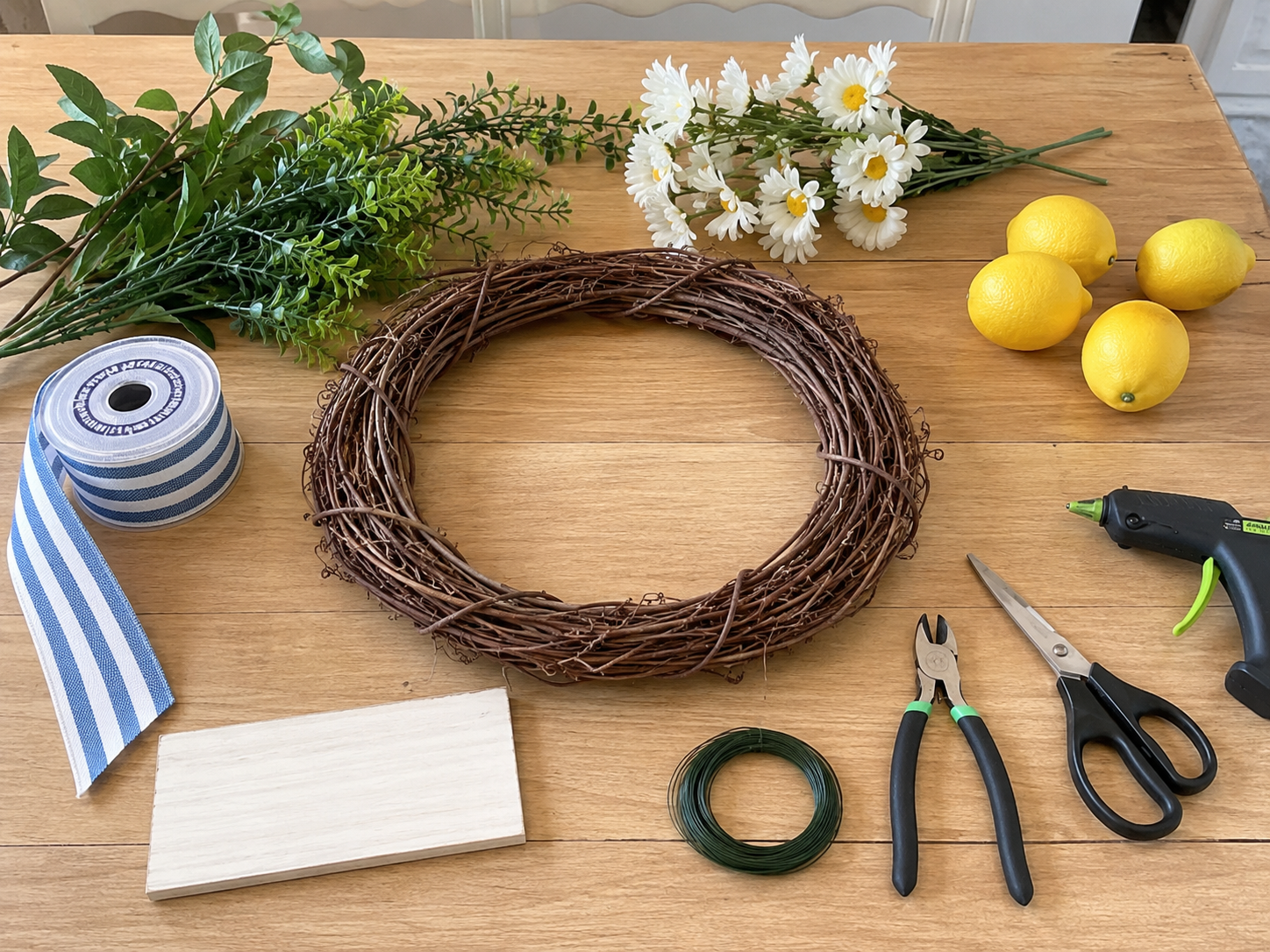 How to prepare the grapevine base - Sunshine & Stripes: Easy Dollar Tree Summer Wreath DIY tutorial