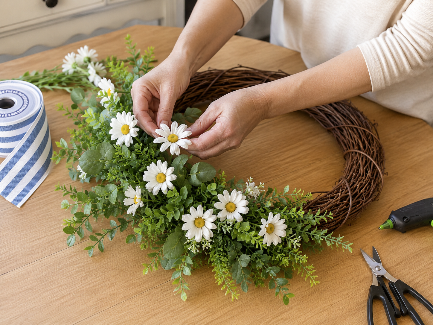 How to add fresh daisy flowers - Sunshine & Stripes: Easy Dollar Tree Summer Wreath DIY tutorial