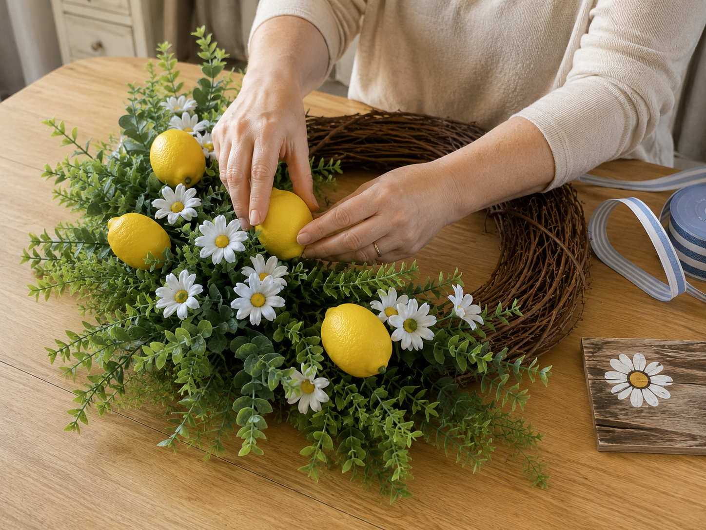 How to incorporate faux lemons - Sunshine & Stripes: Easy Dollar Tree Summer Wreath DIY tutorial