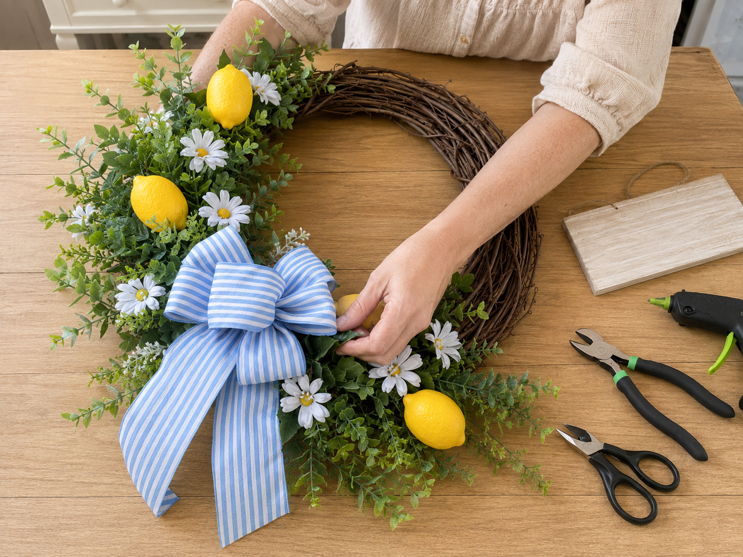 How to make & attach striped bow - Sunshine & Stripes: Easy Dollar Tree Summer Wreath DIY tutorial