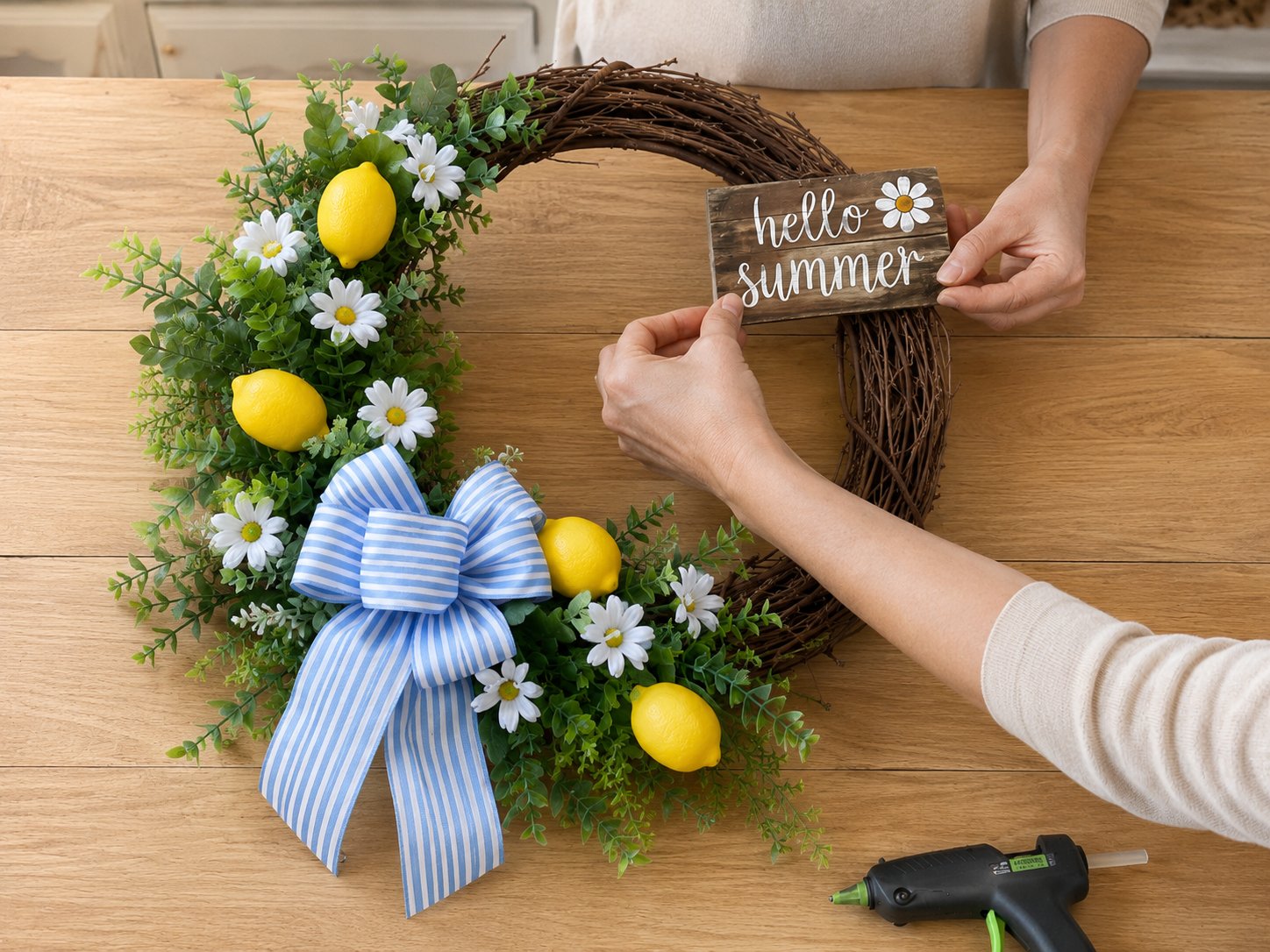 How to create & attach 'hello summer' sign - Sunshine & Stripes: Easy Dollar Tree Summer Wreath DIY tutorial