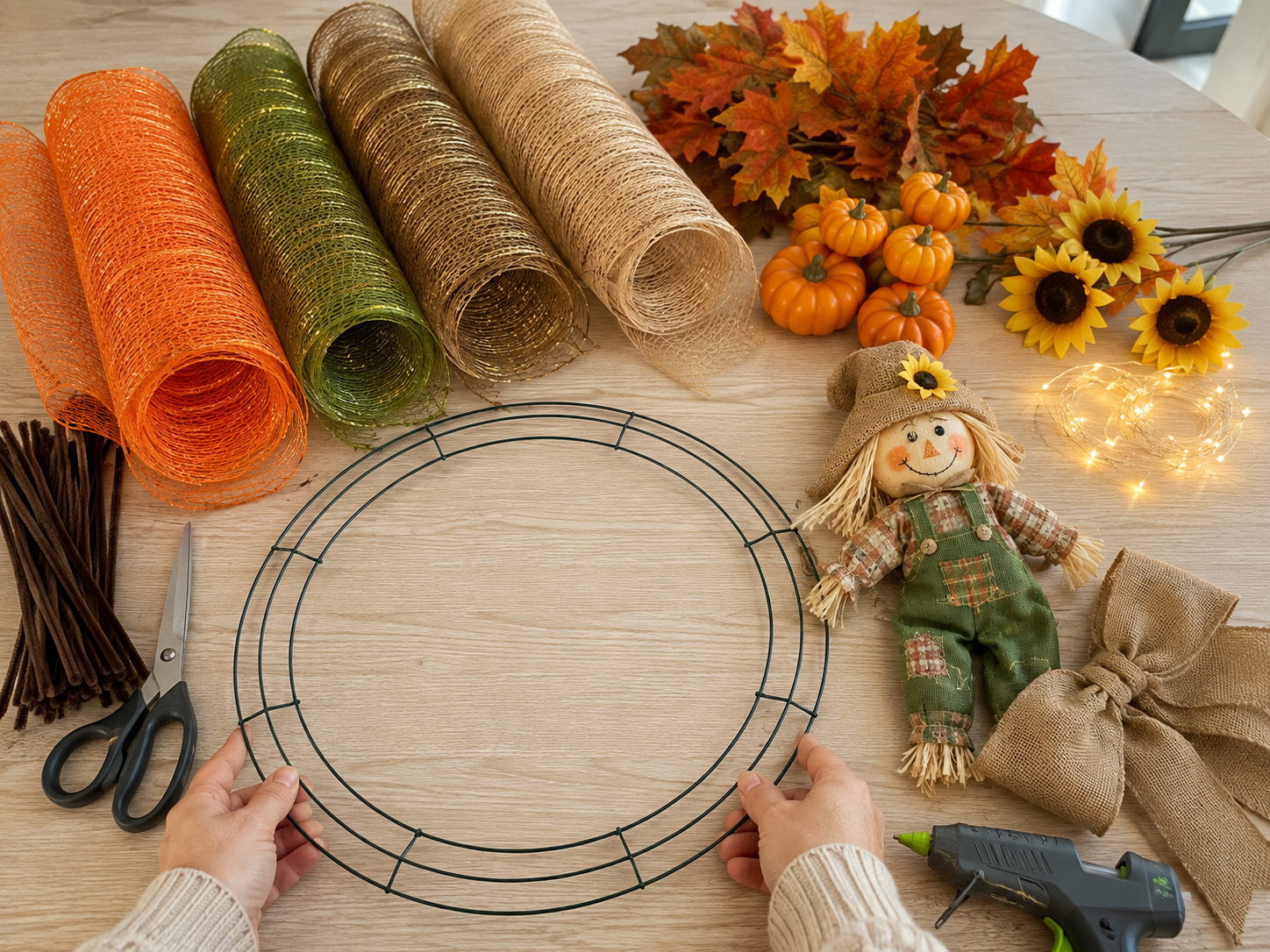 How to gather & prepare supplies - Cozy Lighted Scarecrow Fall & Harvest Wreath DIY tutorial