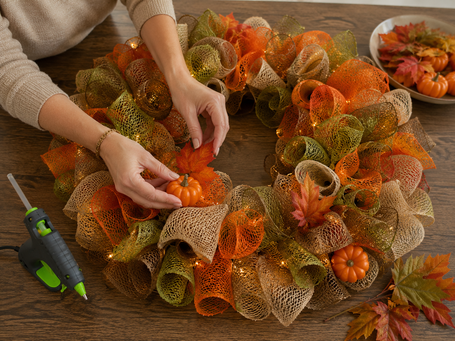 How to add fall foliage & pumpkins - Cozy Lighted Scarecrow Fall & Harvest Wreath DIY tutorial