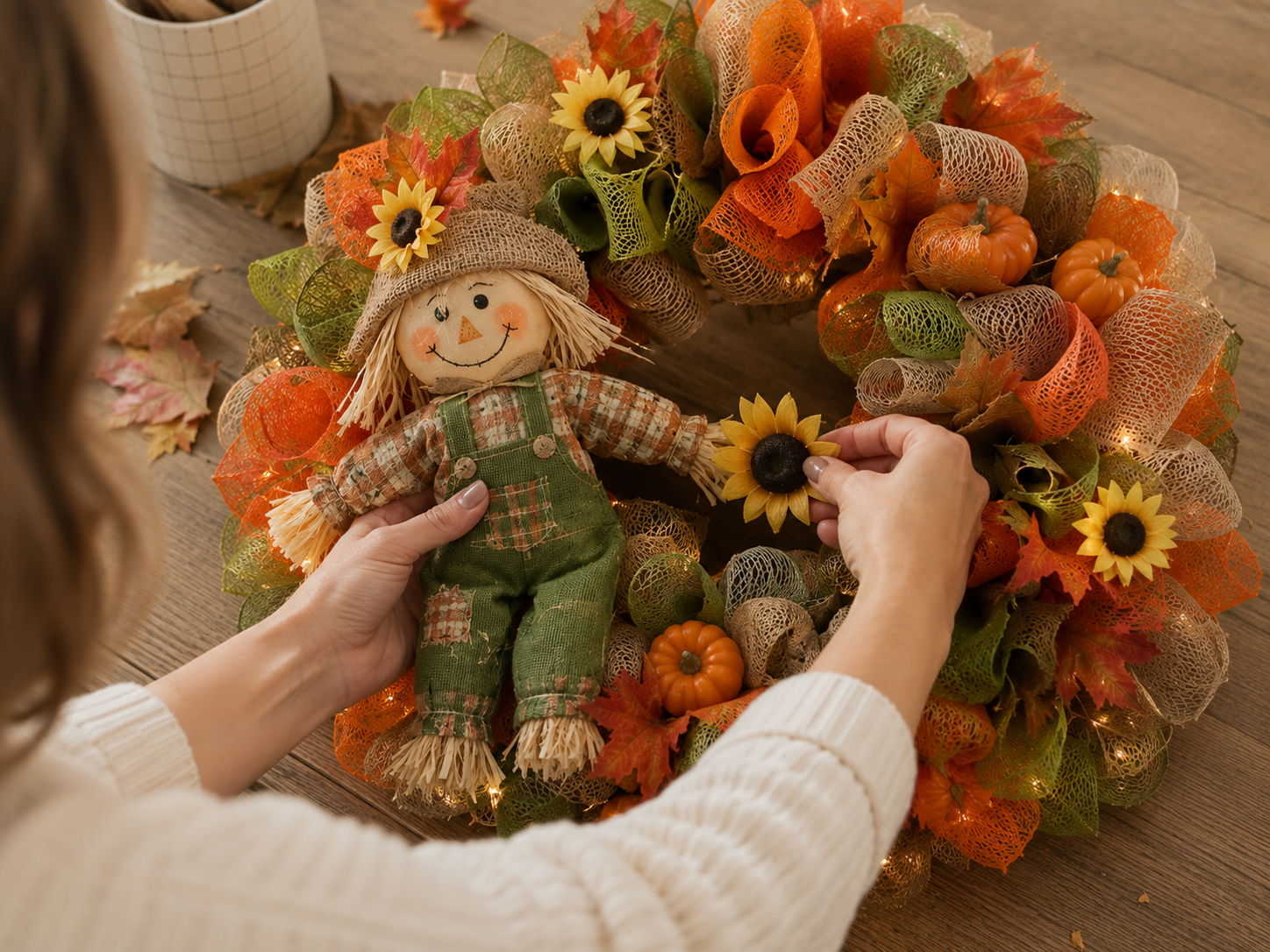 How to place sunflowers & scarecrow - Cozy Lighted Scarecrow Fall & Harvest Wreath DIY tutorial