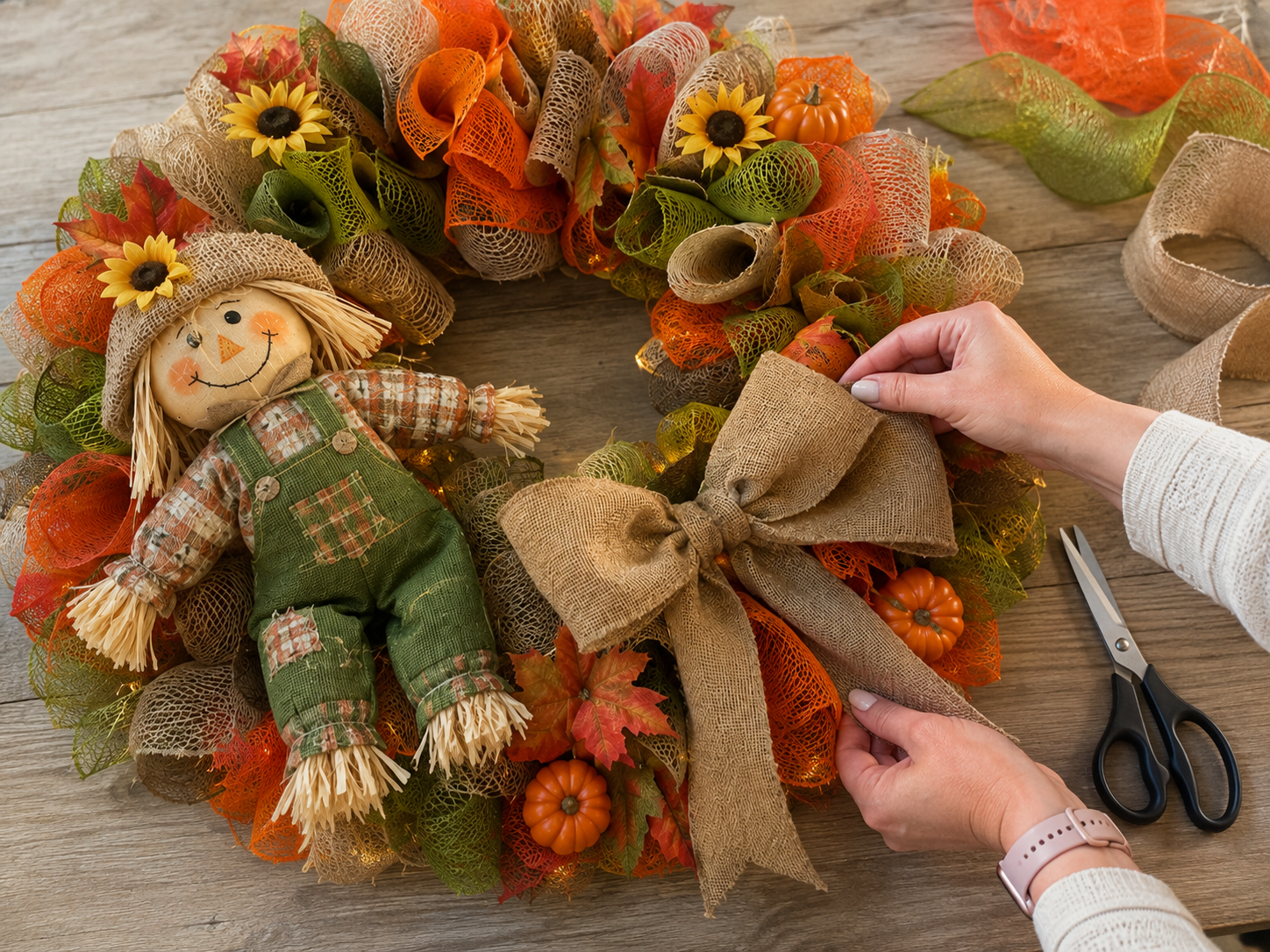 How to craft & attach burlap bow - Cozy Lighted Scarecrow Fall & Harvest Wreath DIY tutorial
