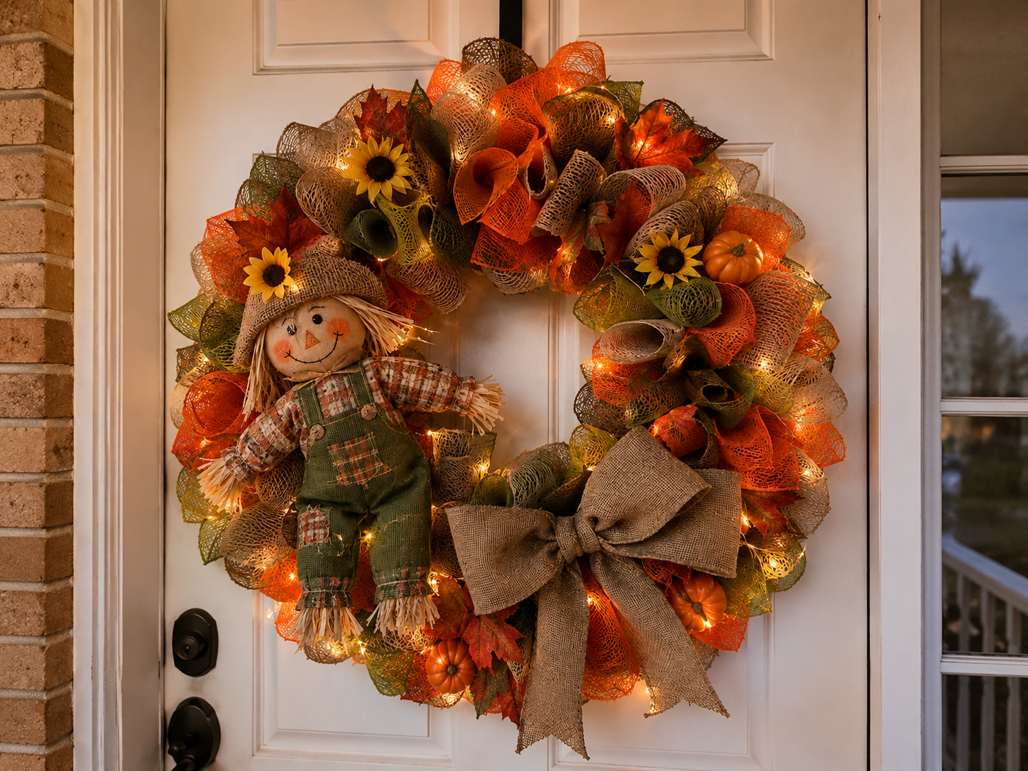 How to final fluff & display - Cozy Lighted Scarecrow Fall & Harvest Wreath DIY tutorial