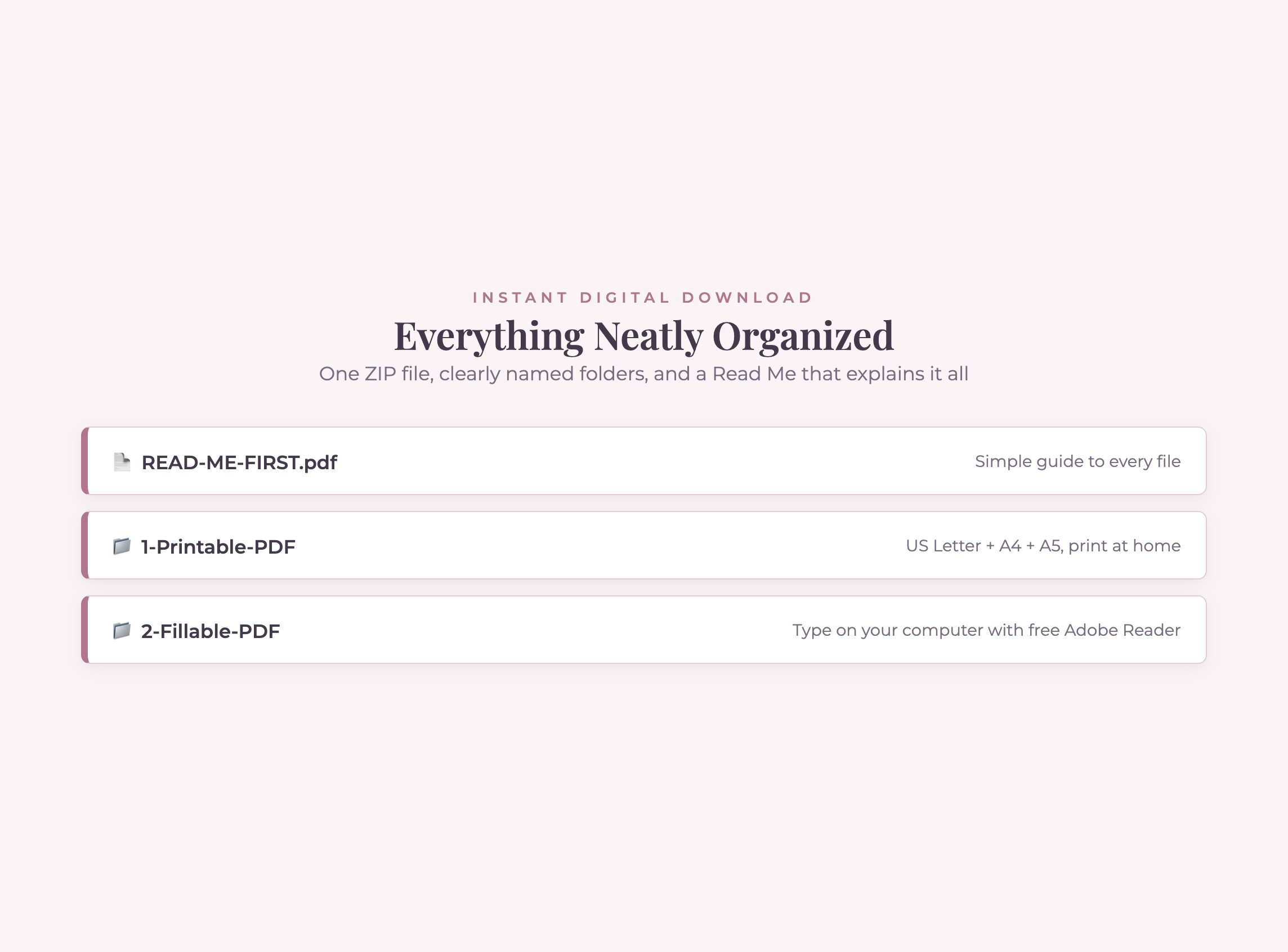 Crochet planner download folders labeled Read Me, Printable and Fillable