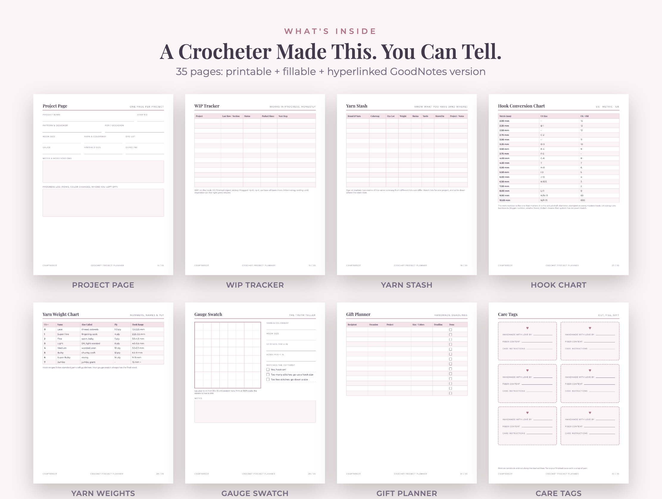 Eight crochet planner pages for projects, yarn, hooks, gauge, gifts and care notes