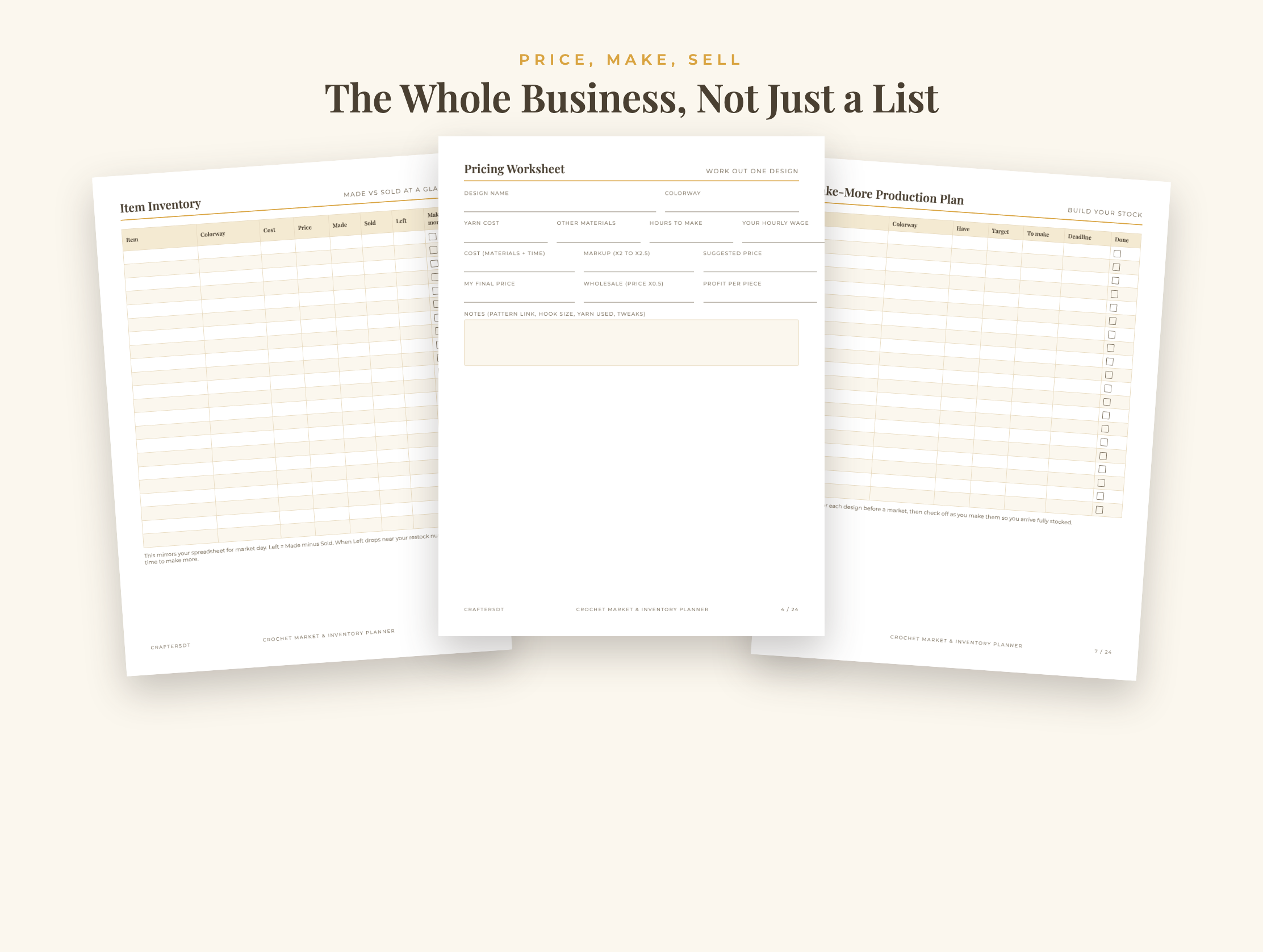 Crochet pricing worksheet between an item inventory and make-more production plan