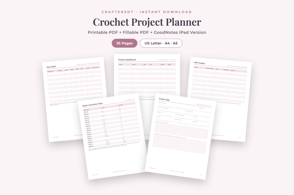 Crochet project planner cover beside project, yarn stash, pattern and WIP tracker pages