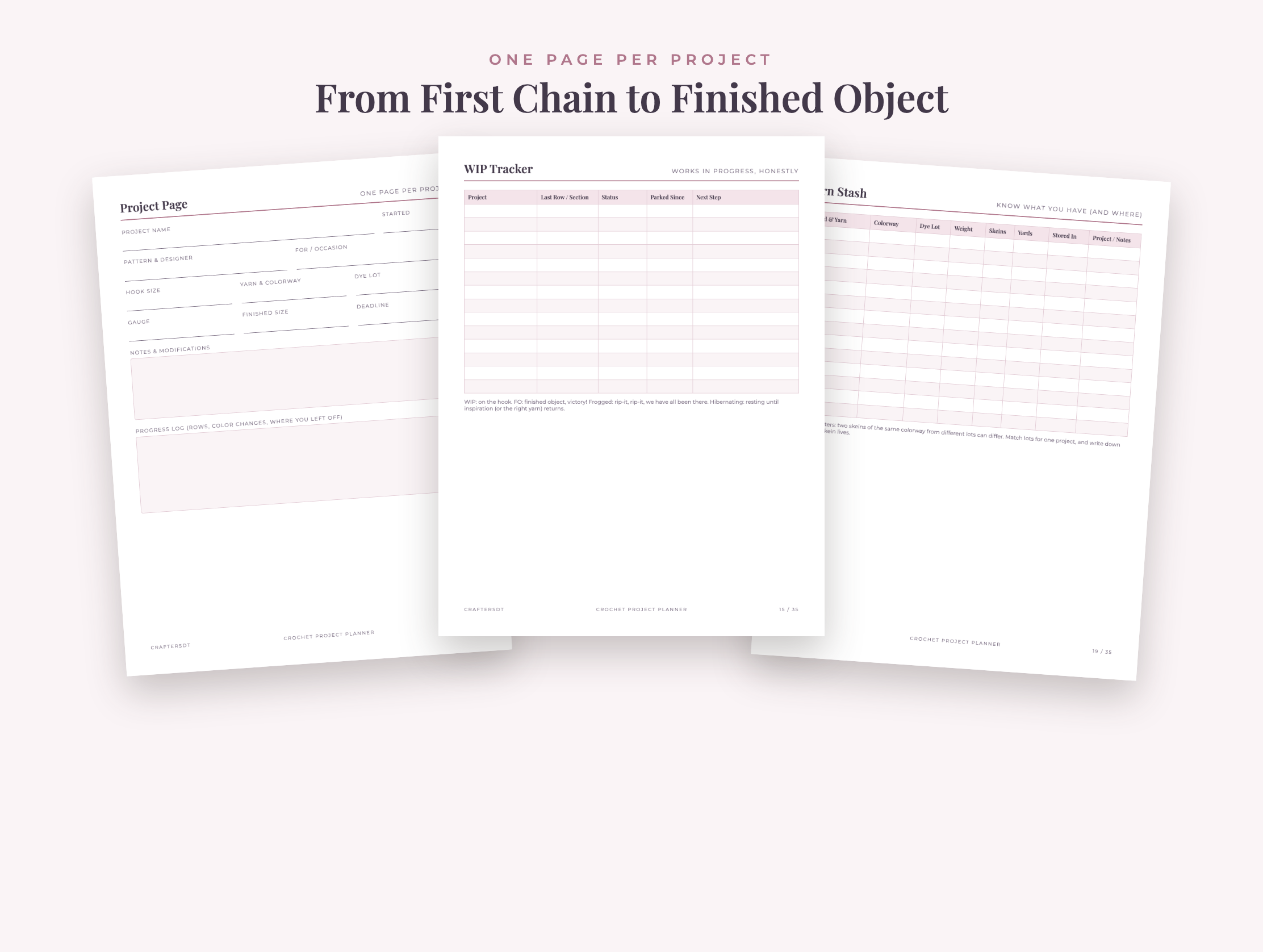 Crochet project dashboard, WIP tracker and yarn stash inventory pages shown side by side