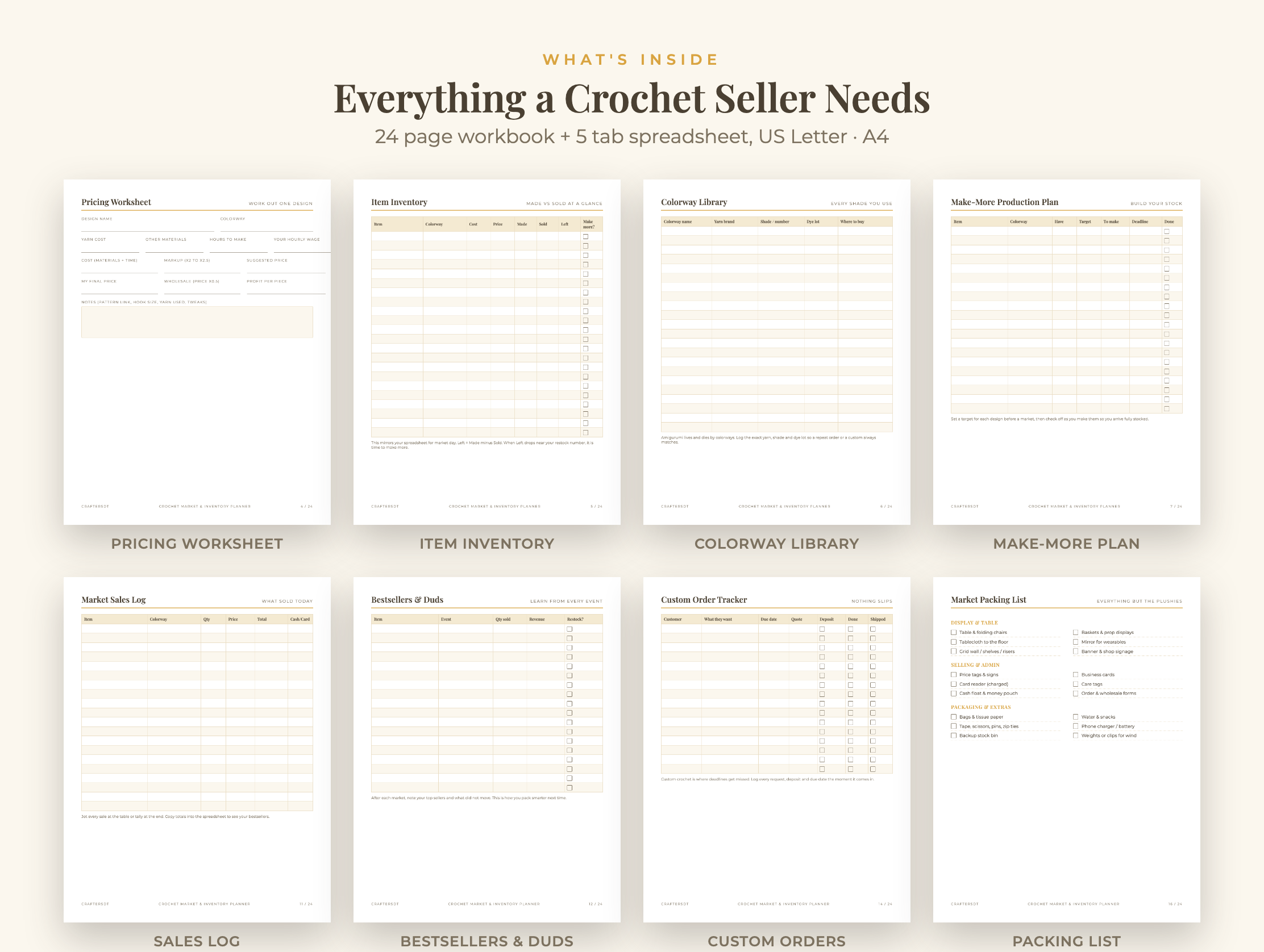 Eight crochet seller workbook pages for pricing, inventory, colorways, production, sales and market packing
