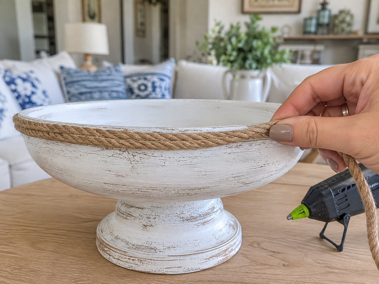 How to wrap rim with rope - DIY Coastal Lemon Pedestal Centerpiece DIY tutorial