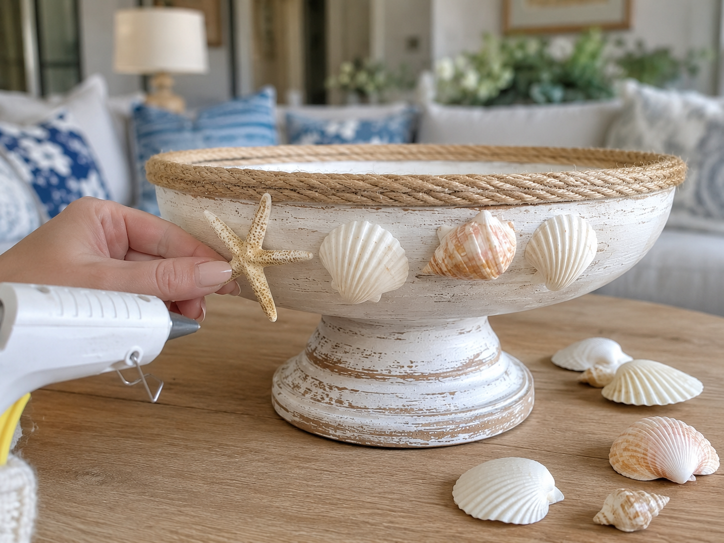 How to adorn with seashell accents - DIY Coastal Lemon Pedestal Centerpiece DIY tutorial