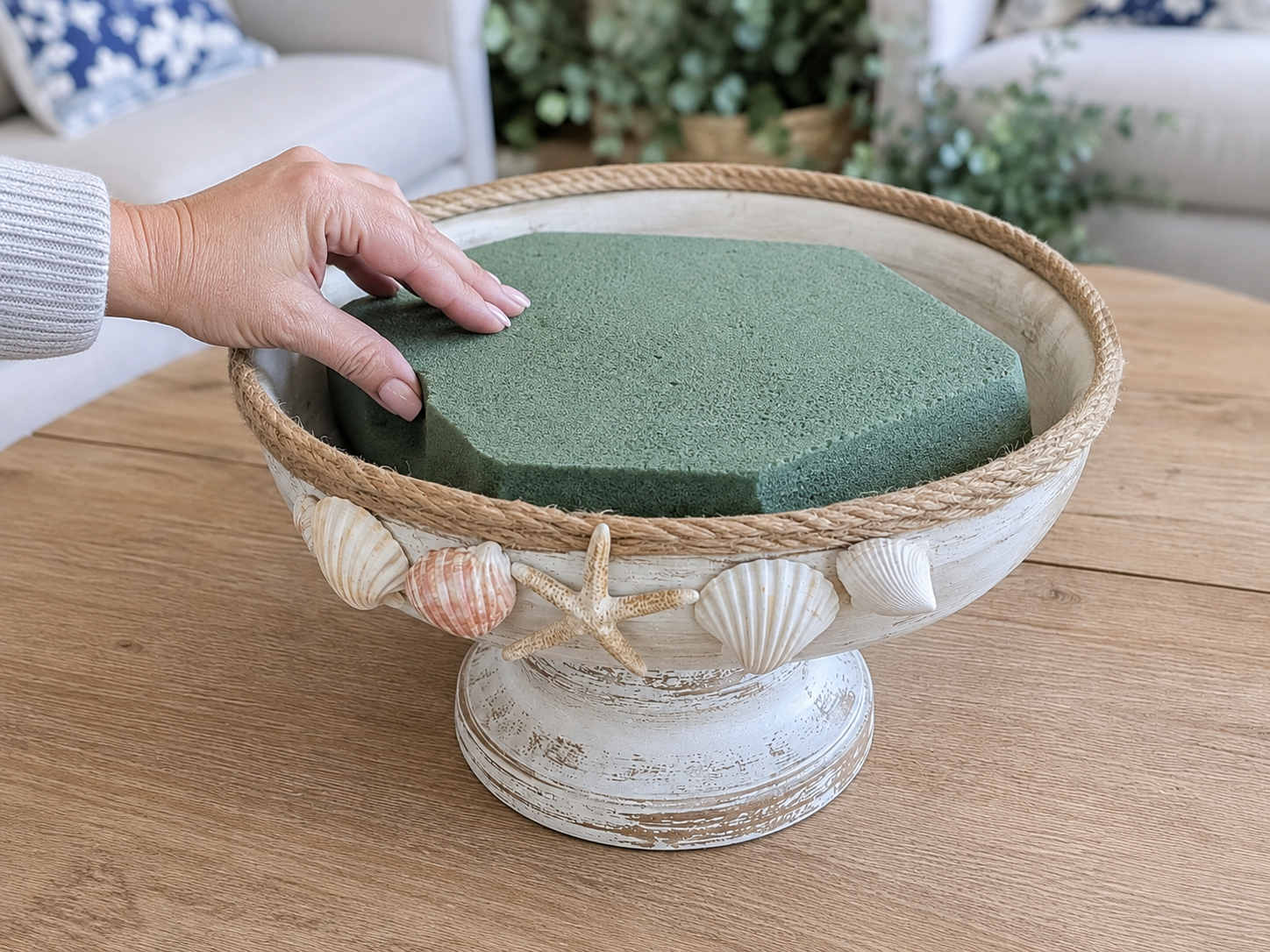 How to insert floral foam - DIY Coastal Lemon Pedestal Centerpiece DIY tutorial
